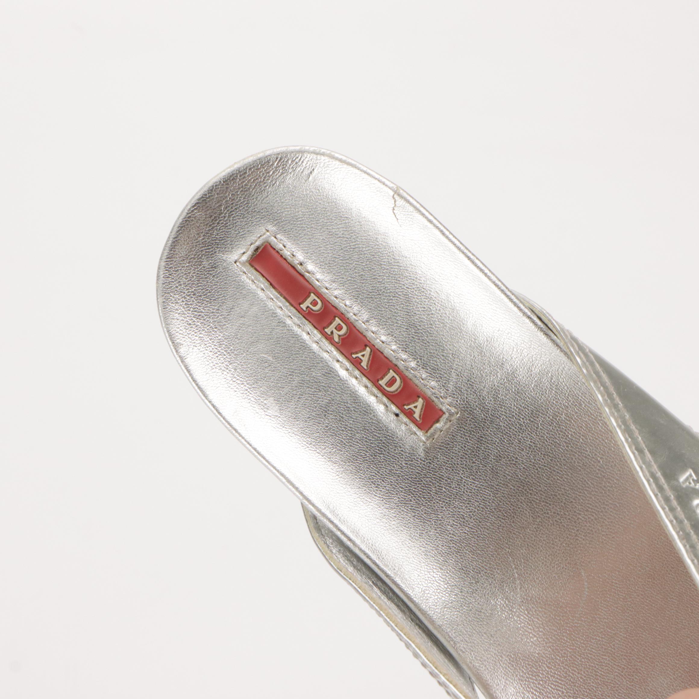 Prada Thong-Strap Wedge Sandals in Silver Metallic Leather