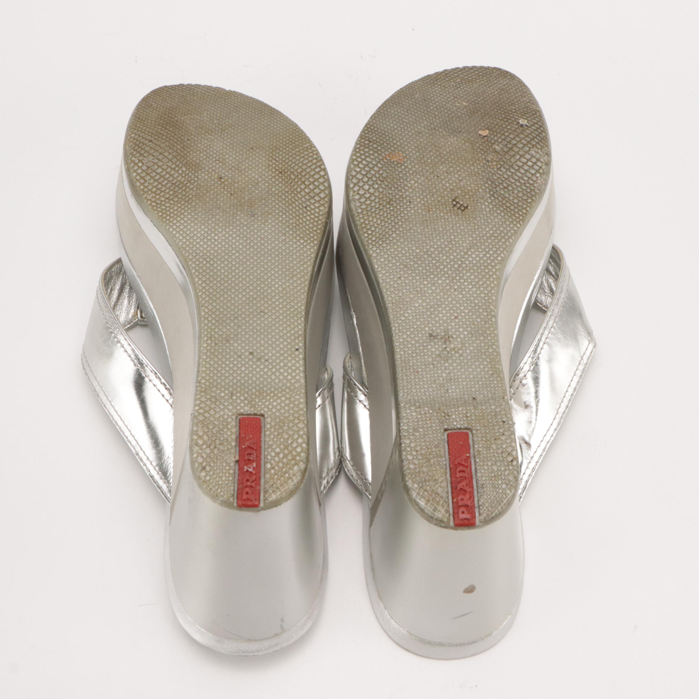 Prada Thong-Strap Wedge Sandals in Silver Metallic Leather