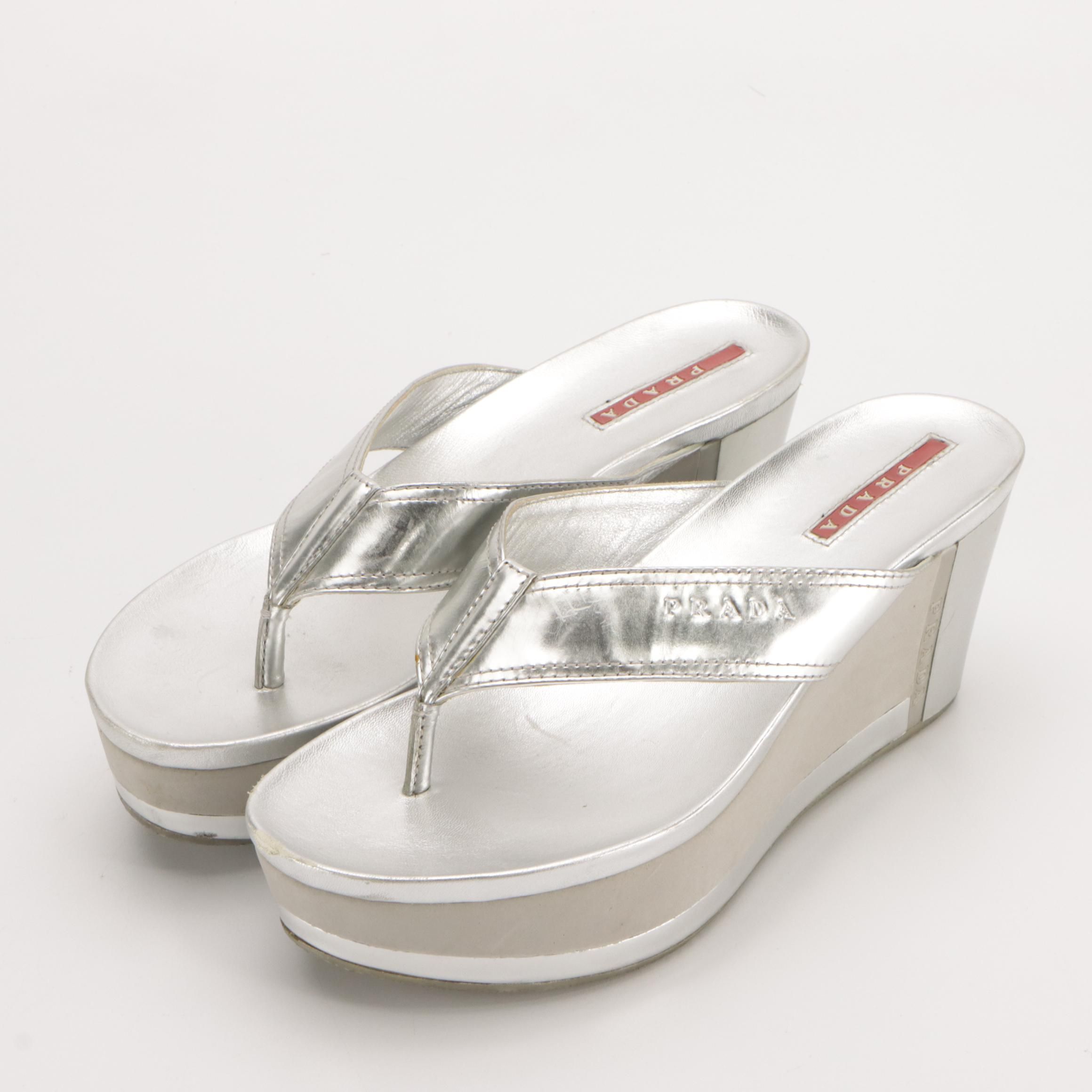 Prada Thong-Strap Wedge Sandals in Silver Metallic Leather