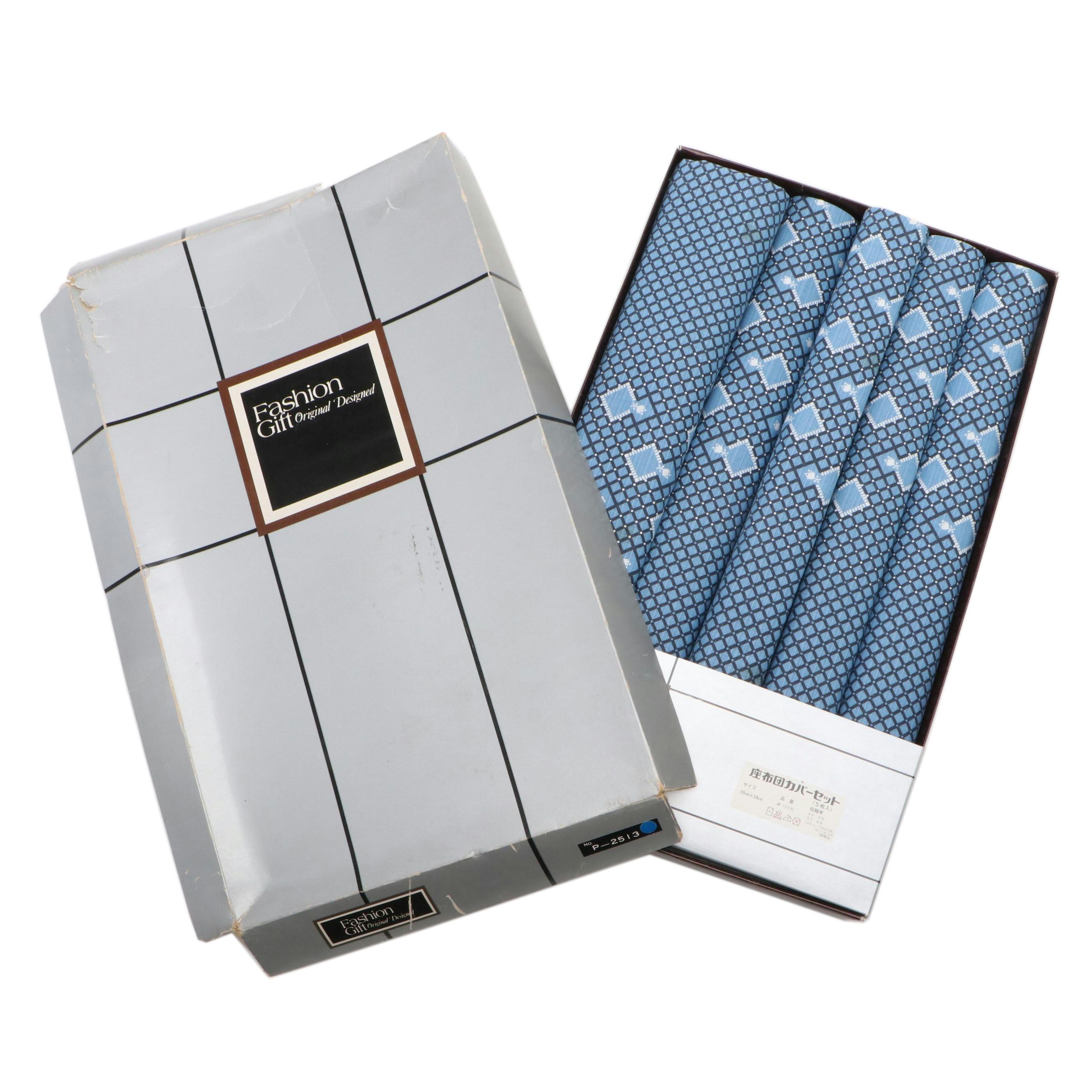 Set of Square Pillowcases in Blue Printed Cotton Blend, With Box