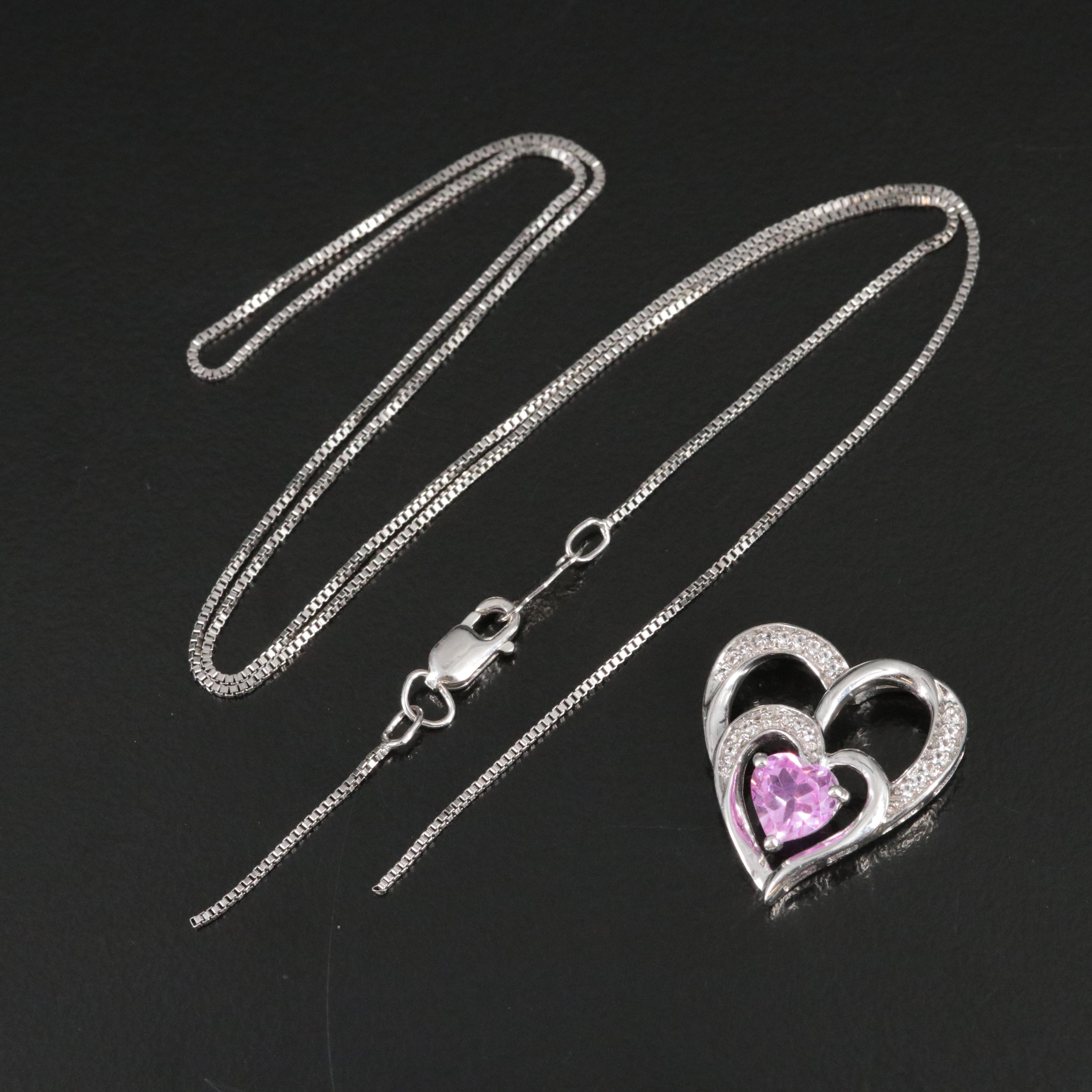 Sterling Pink and White Sapphire Double Heart Pendant Necklace