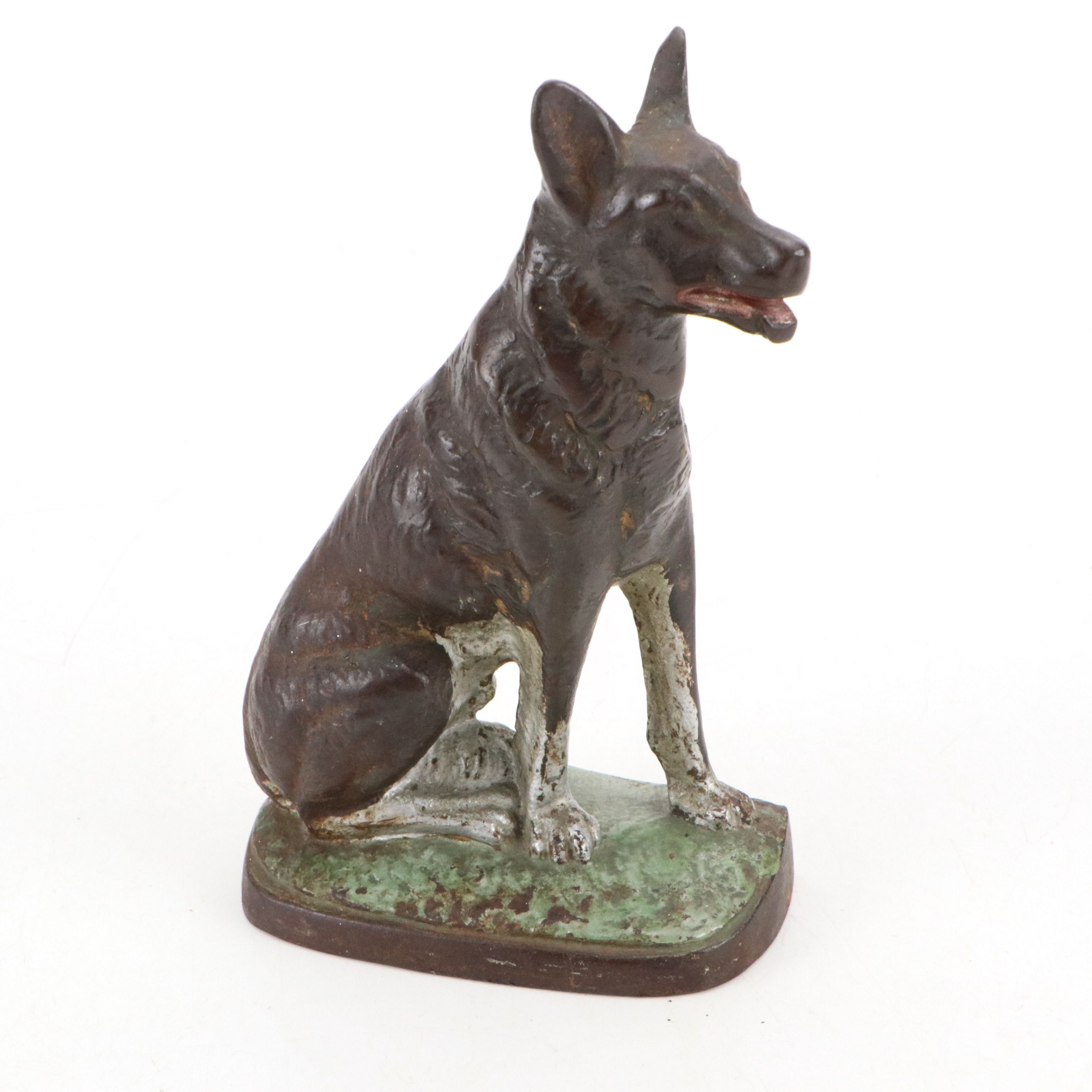 Art Deco Painted Cast Metal Sheppard Dog Doorstop with Silver Accents