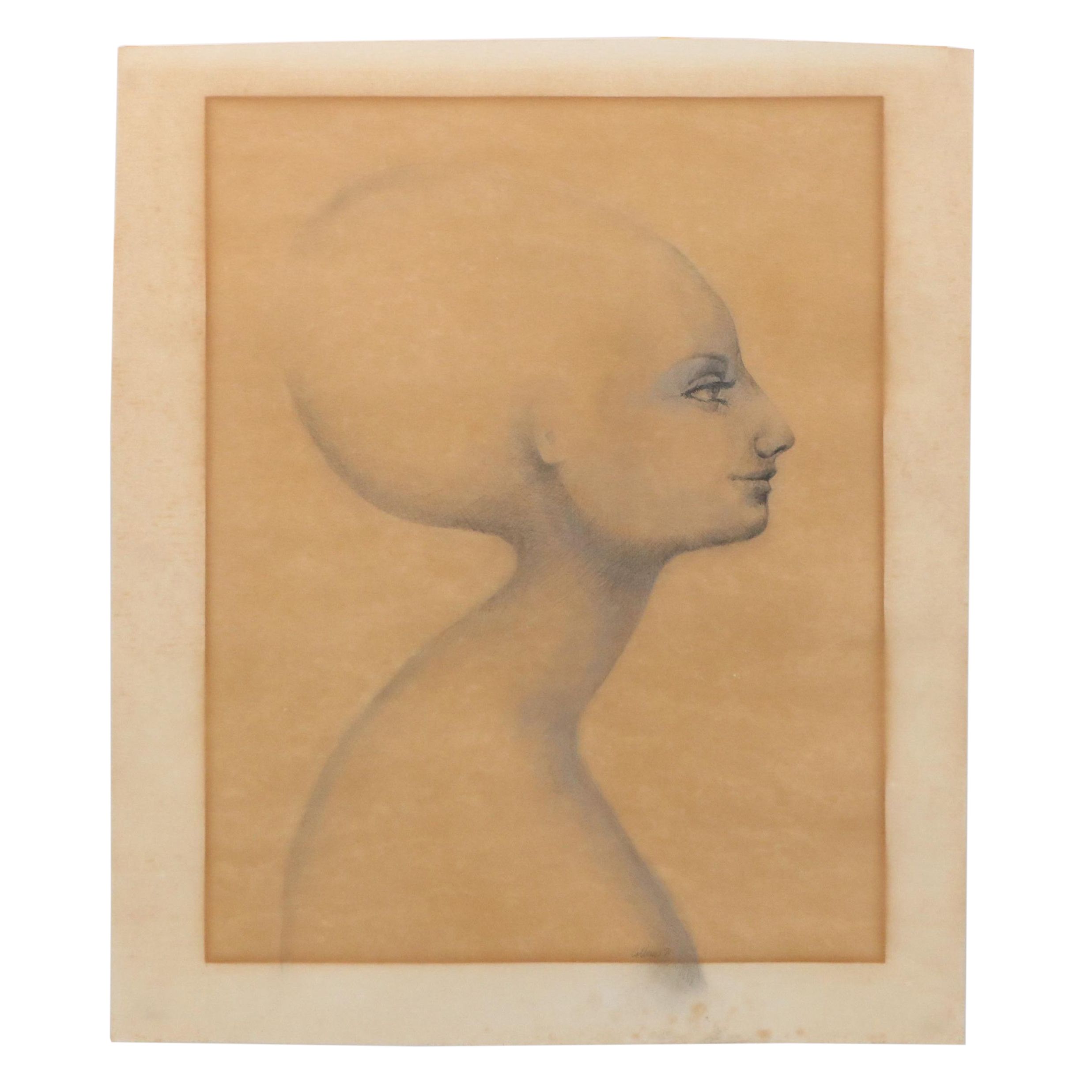 Surrealist Side Profile Portrait Graphite Drawing, 1971