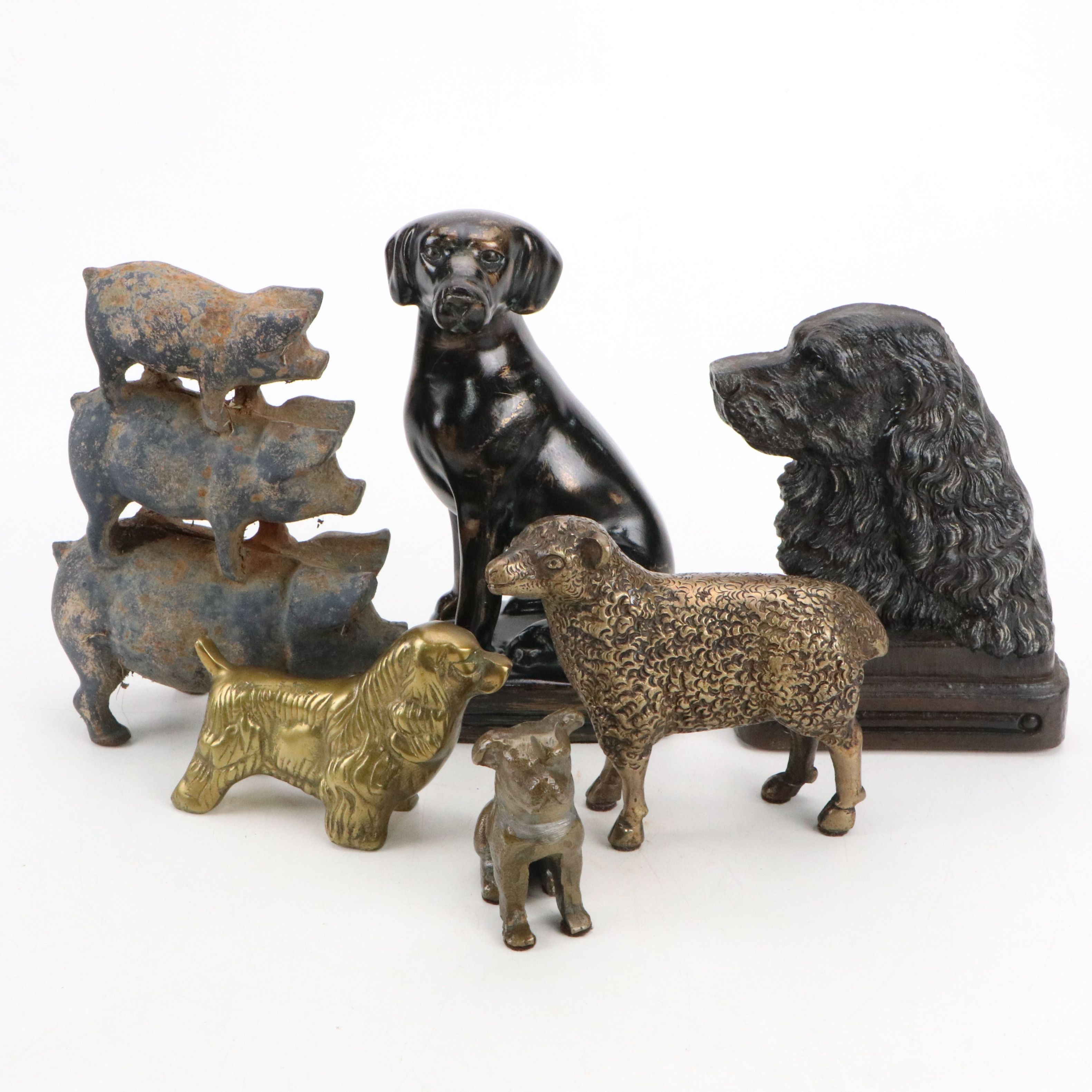 Vintage Dog Paperweights and Wood Bookend with Other Animal Figurines