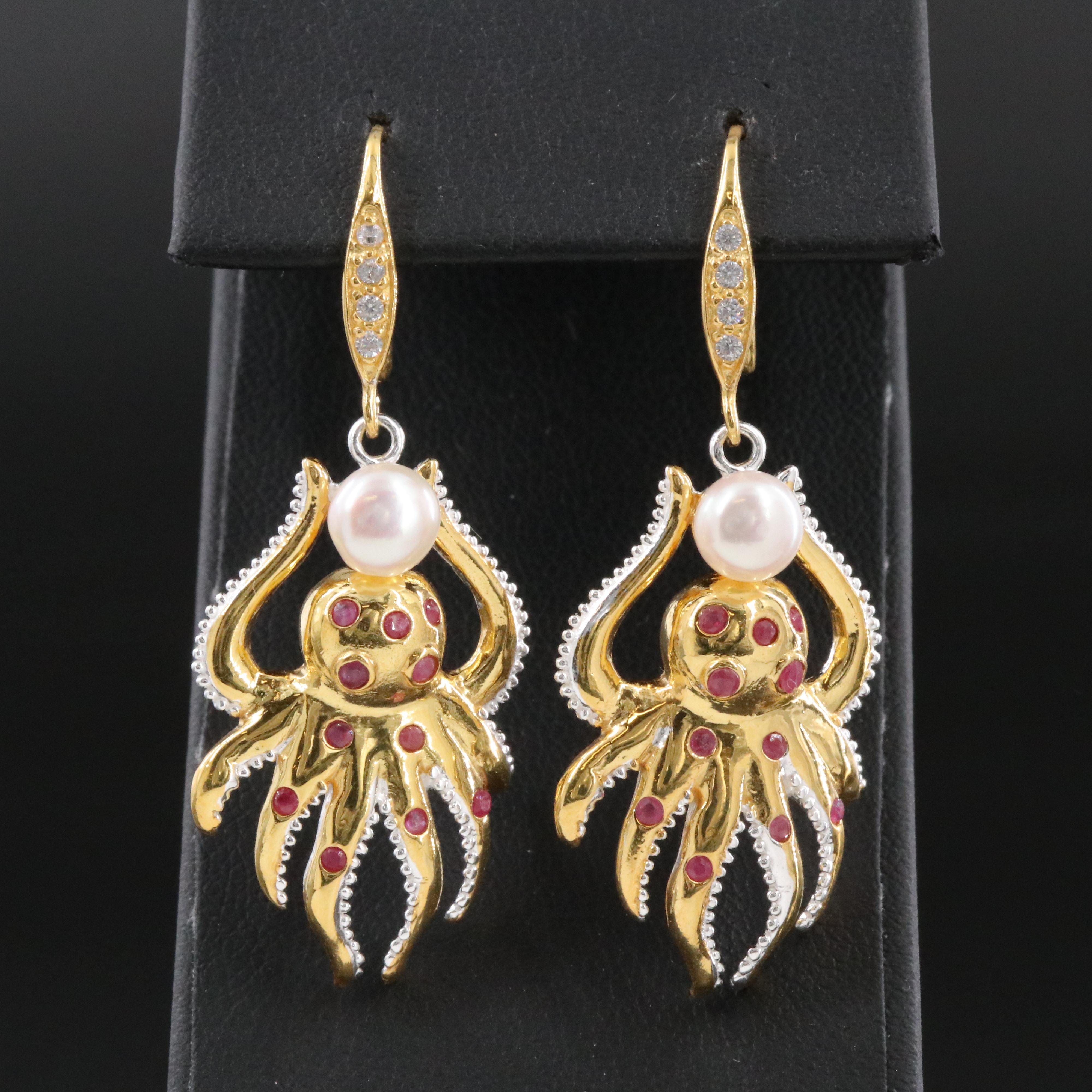 Sterling Pearl, Ruby and CZ Octopus Earrings