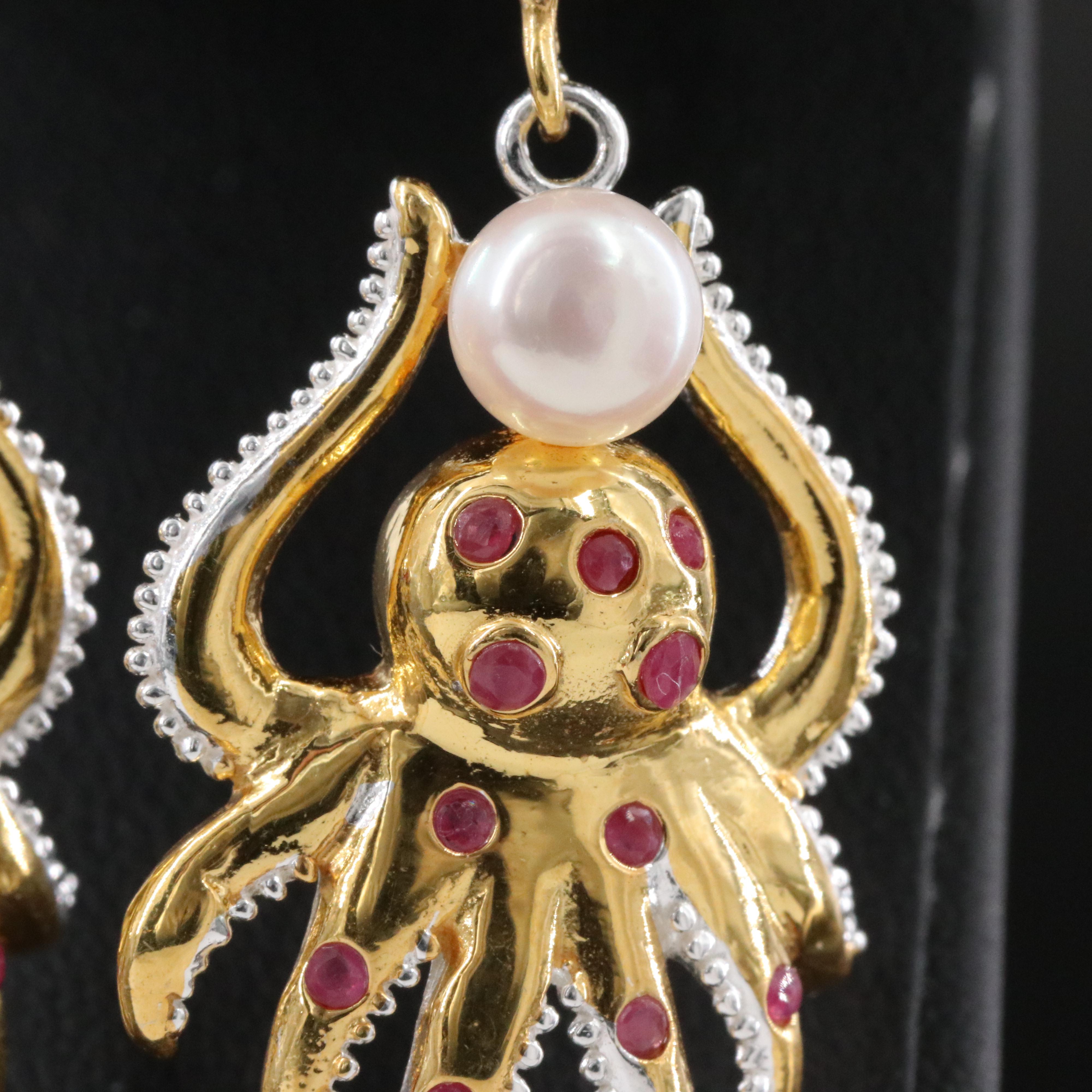 Sterling Pearl, Ruby and CZ Octopus Earrings
