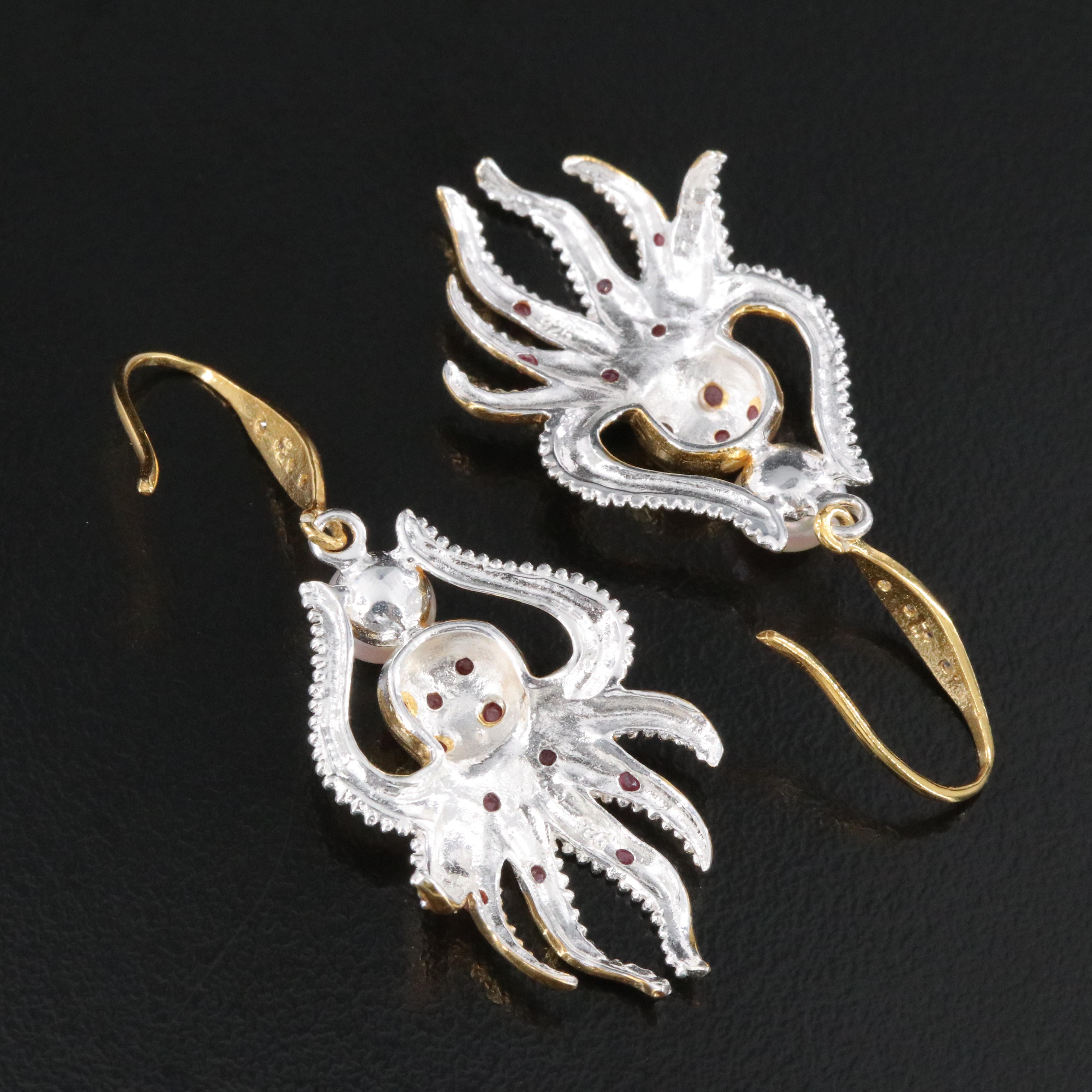 Sterling Pearl, Ruby and CZ Octopus Earrings