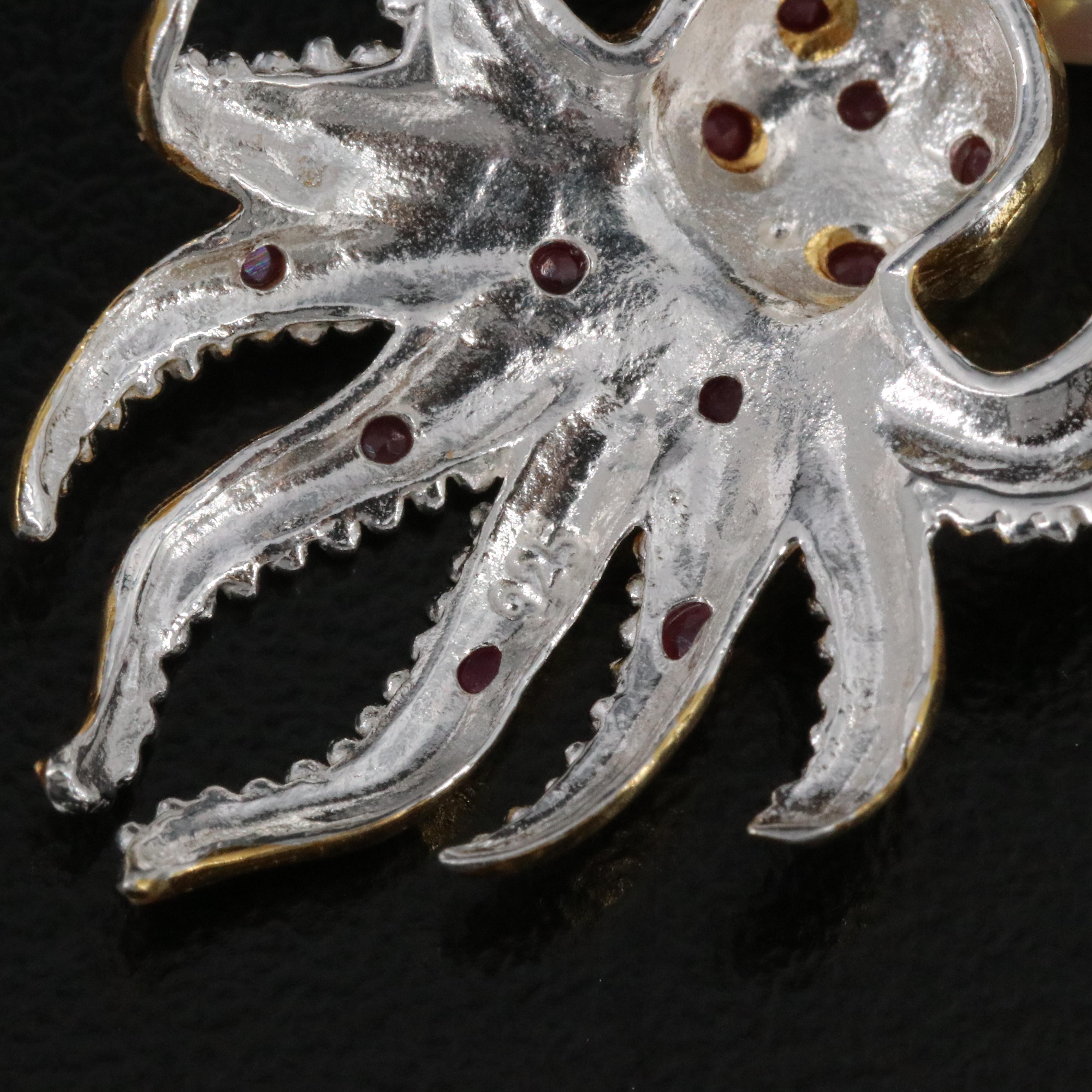 Sterling Pearl, Ruby and CZ Octopus Earrings