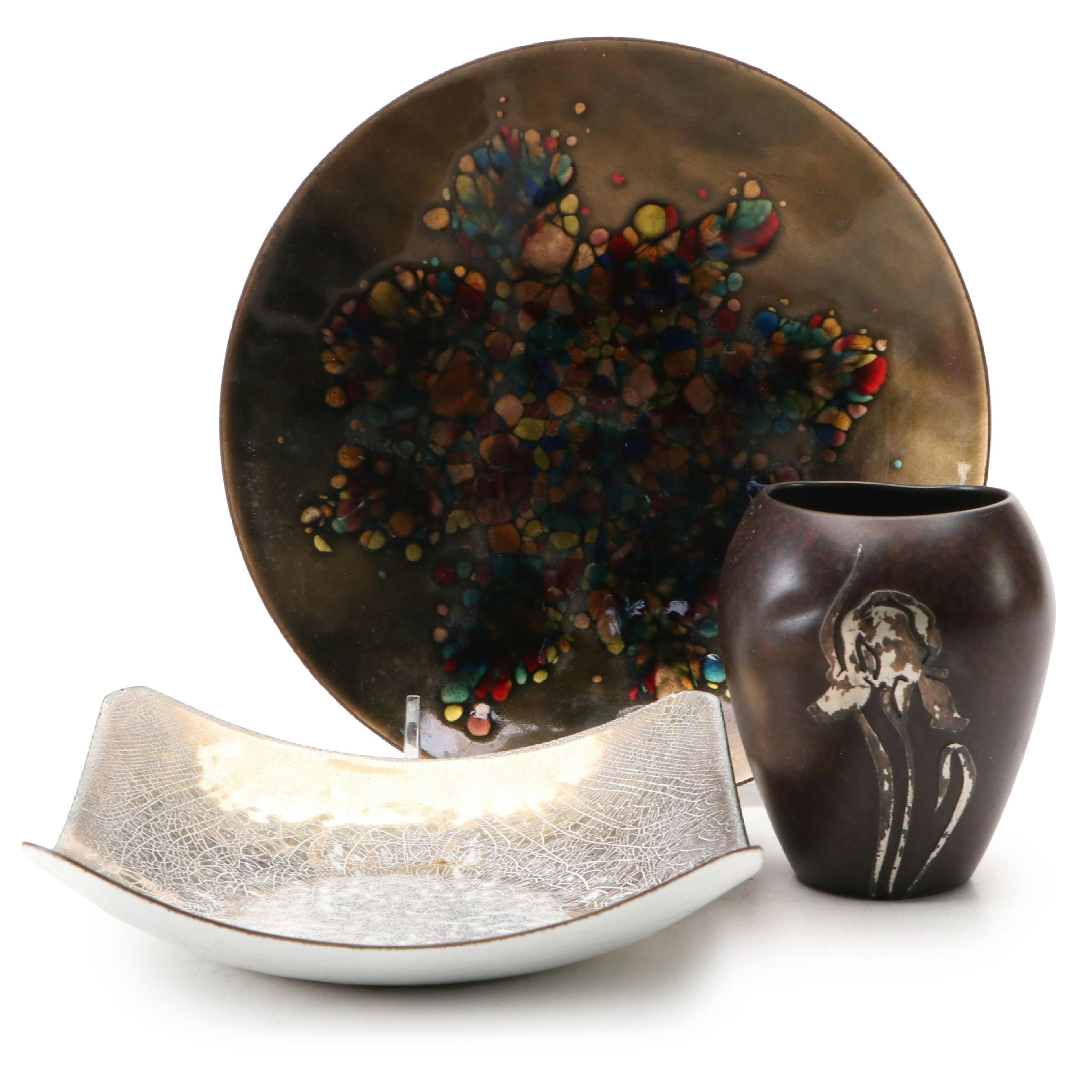 Mid Century Modern Decorative Enamel Plates with Heintz Sterling Overlay Vase