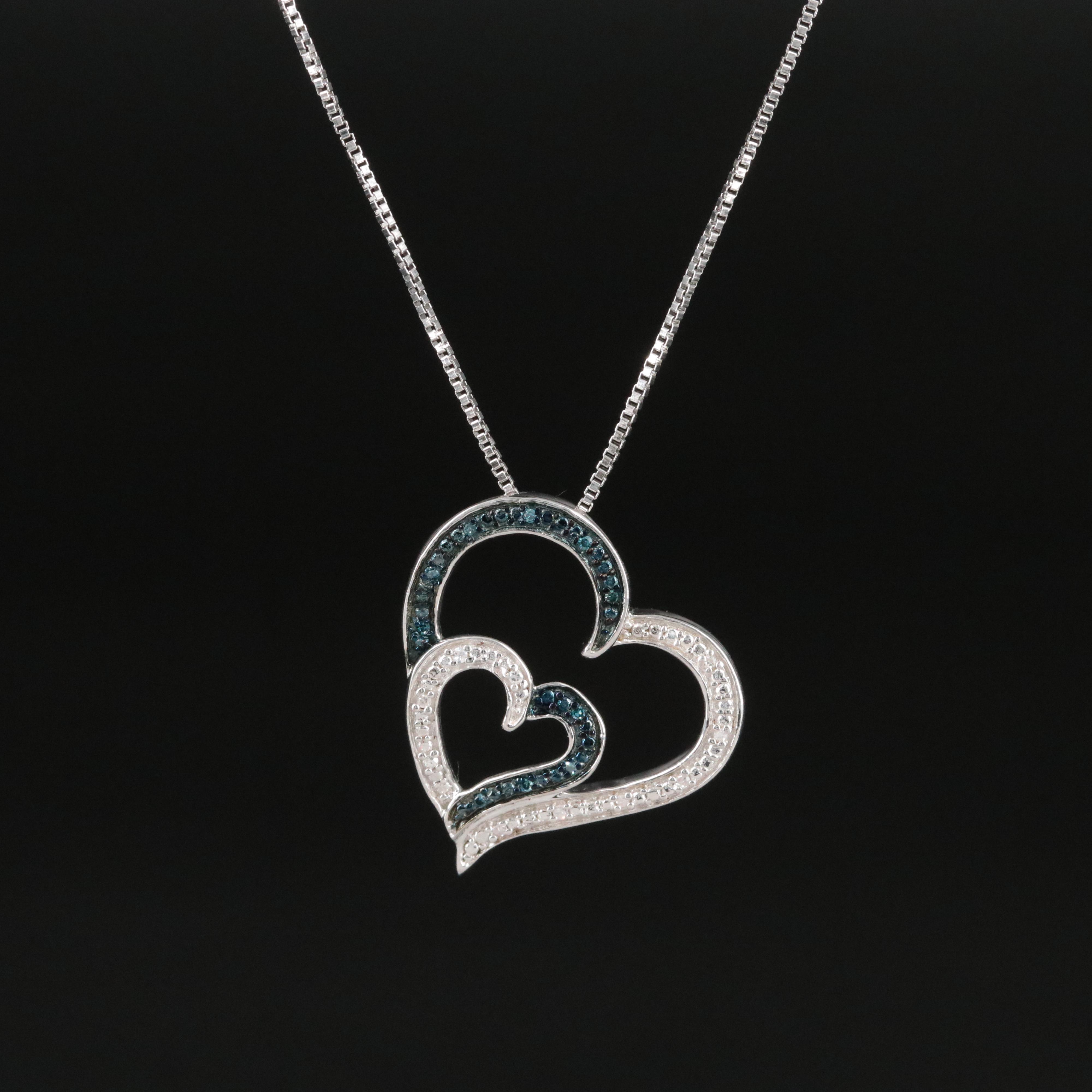 Sterling Diamond Heart Pendant Necklace Featuring Fancy Blue Diamonds