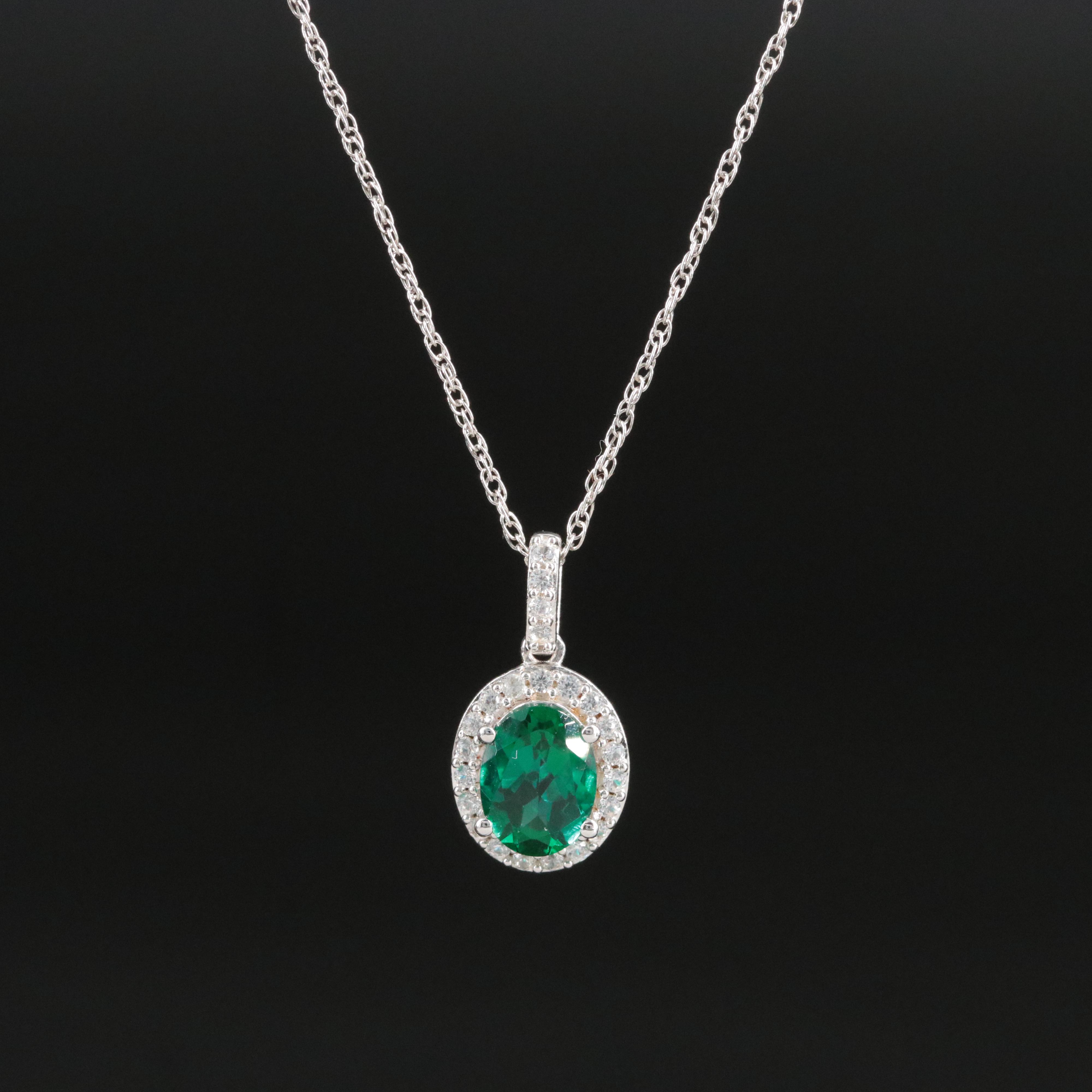 Lab Grown Emerald and White Sapphire Halo Pendant Necklace