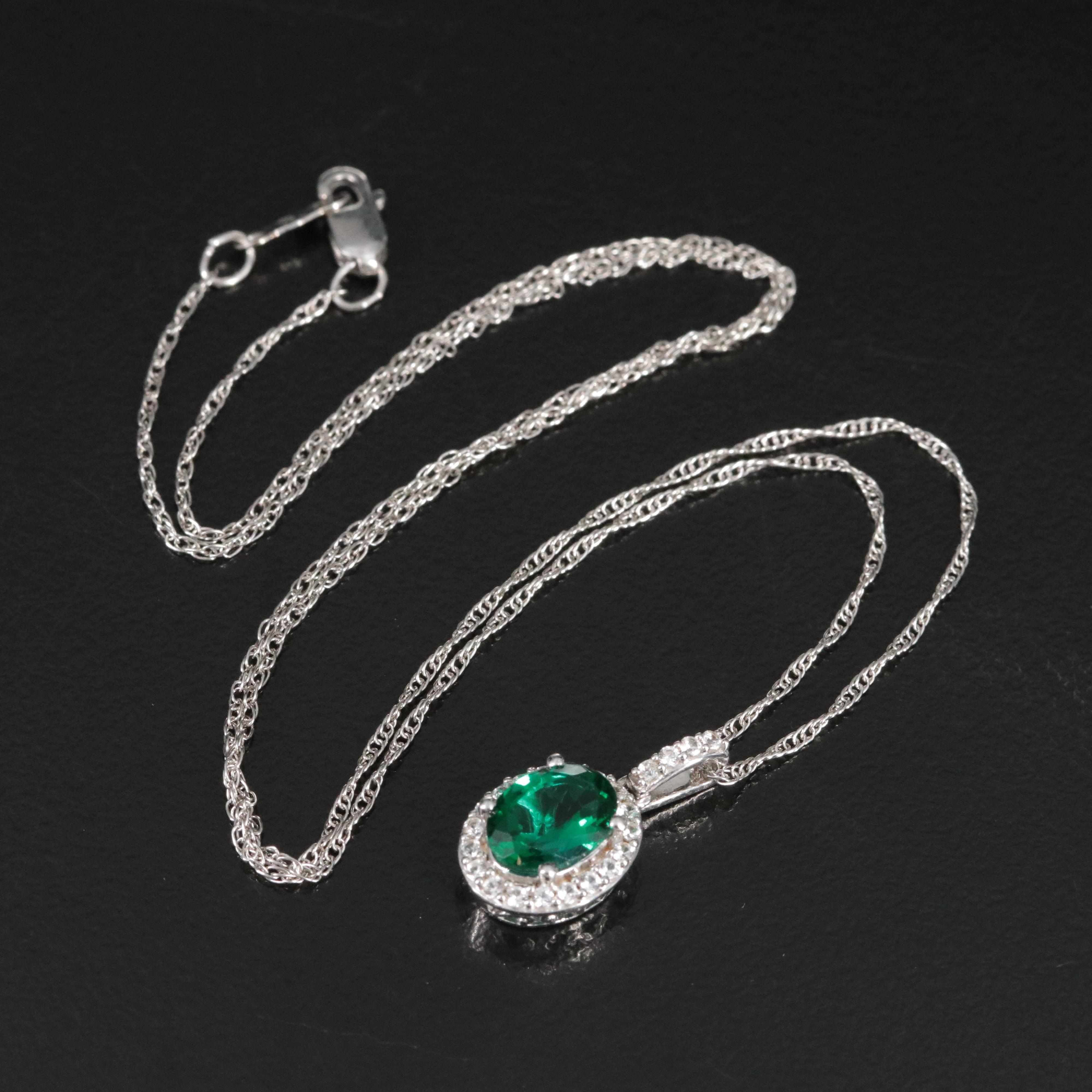 Lab Grown Emerald and White Sapphire Halo Pendant Necklace