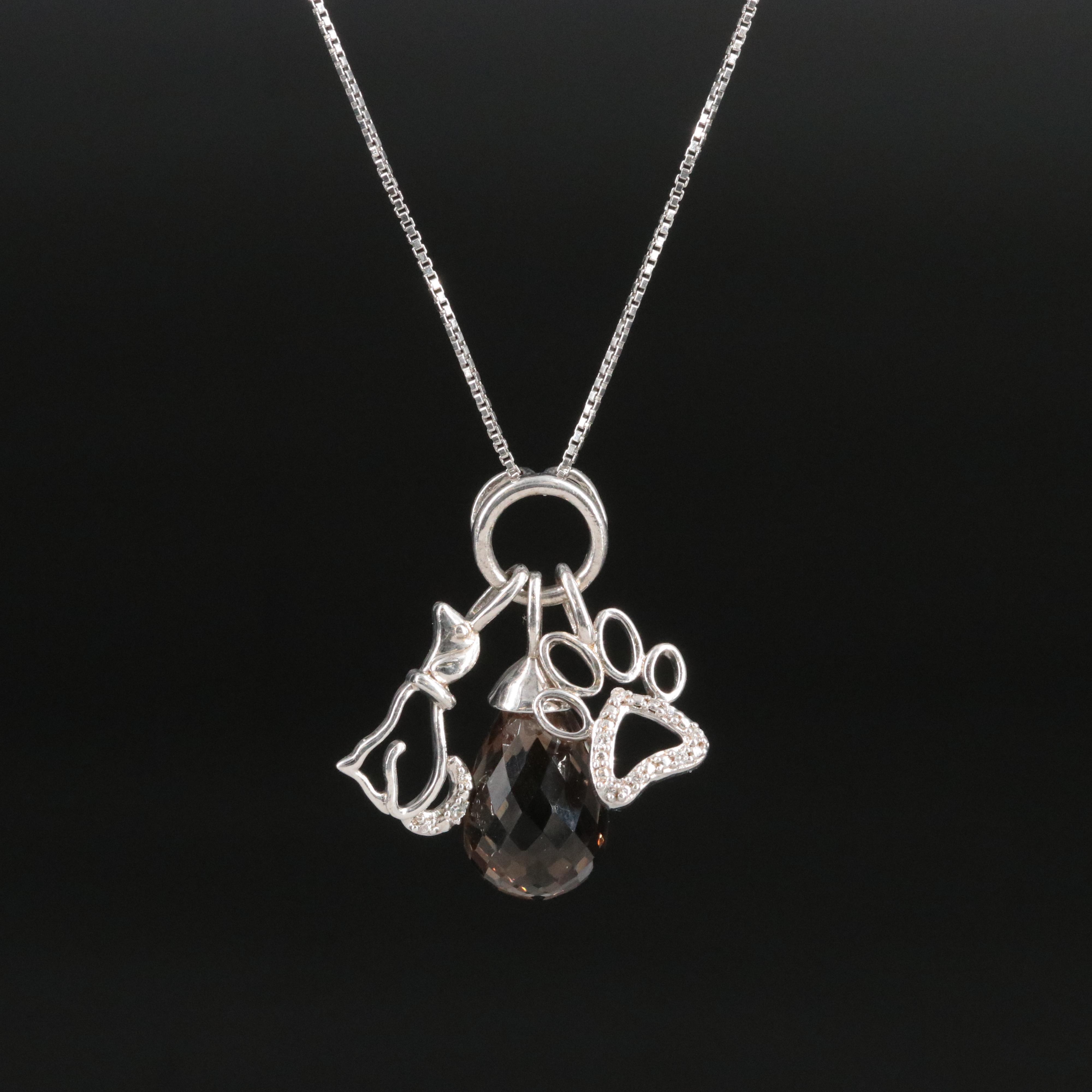 Sterling Smoky Quartz, White Sapphire and Cubic Zirconia Drop Pendant