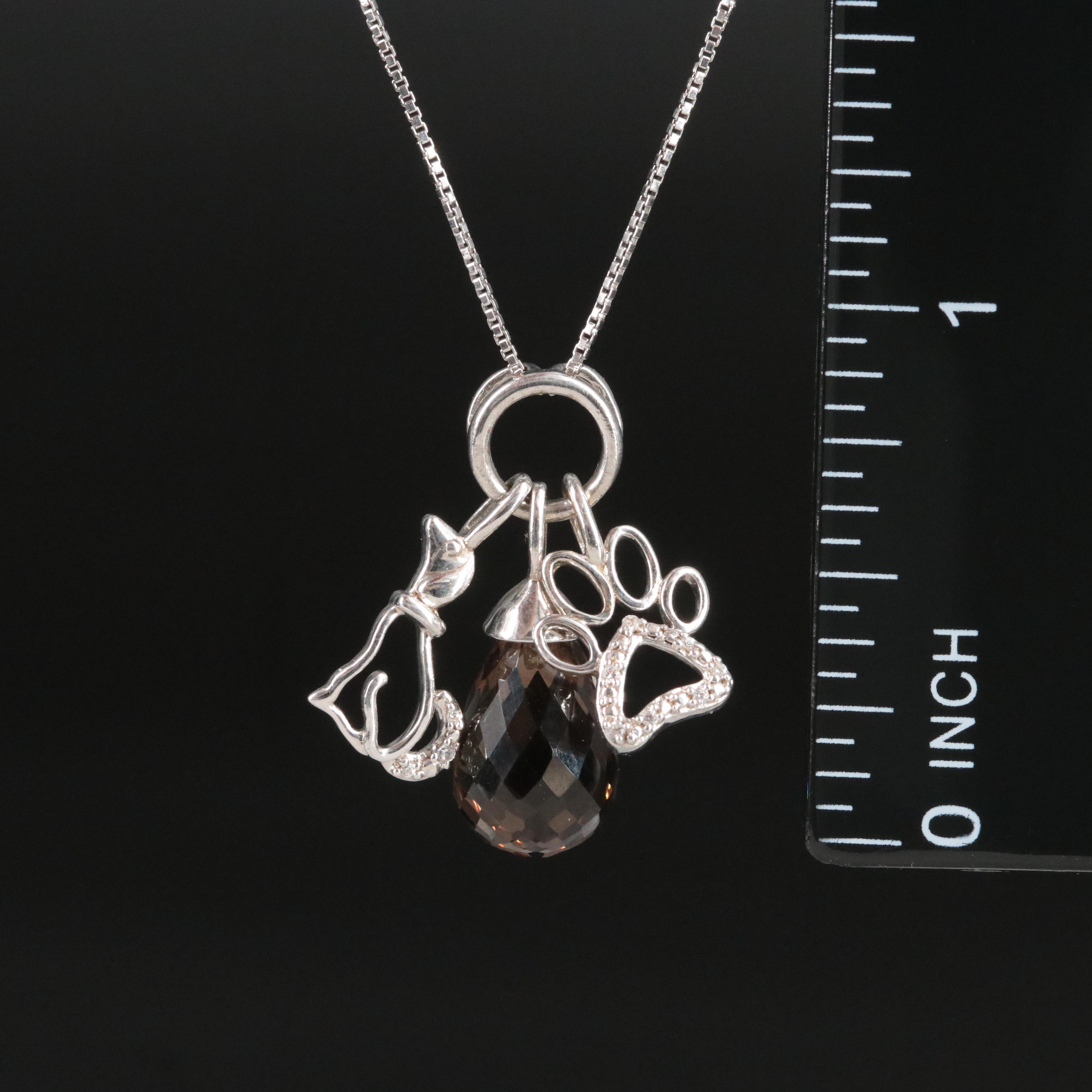 Sterling Smoky Quartz, White Sapphire and Cubic Zirconia Drop Pendant