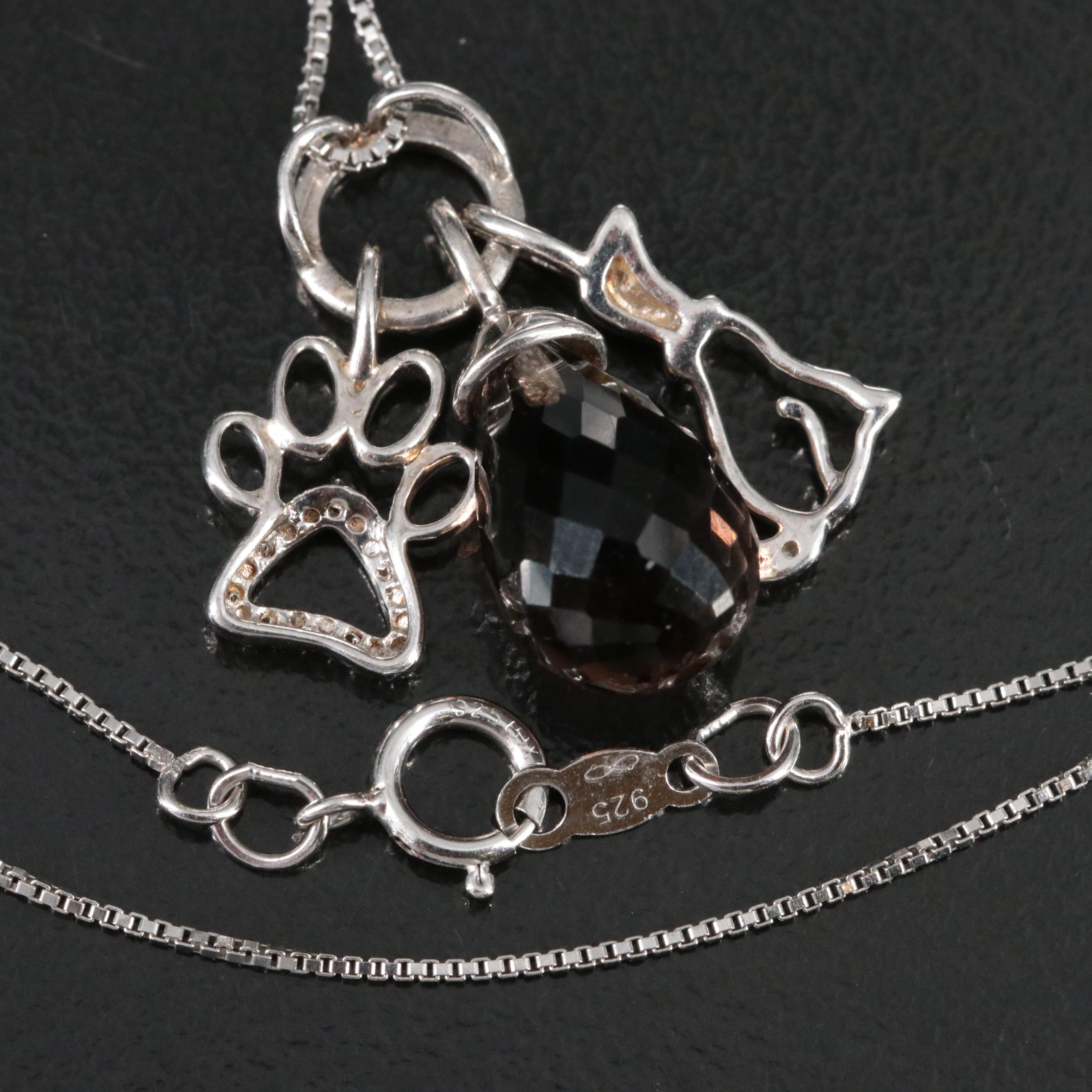 Sterling Smoky Quartz, White Sapphire and Cubic Zirconia Drop Pendant