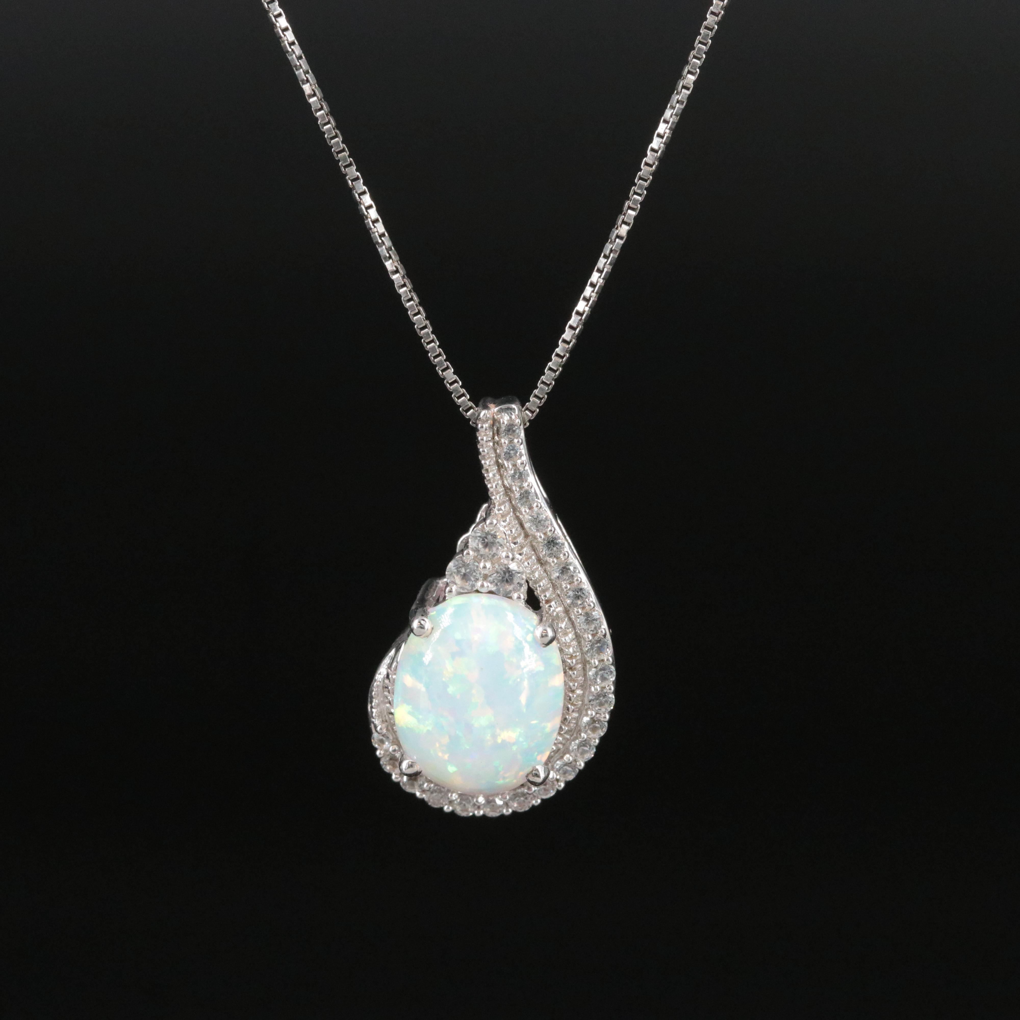 Sterling Opal and White Sapphire Pendant Necklace