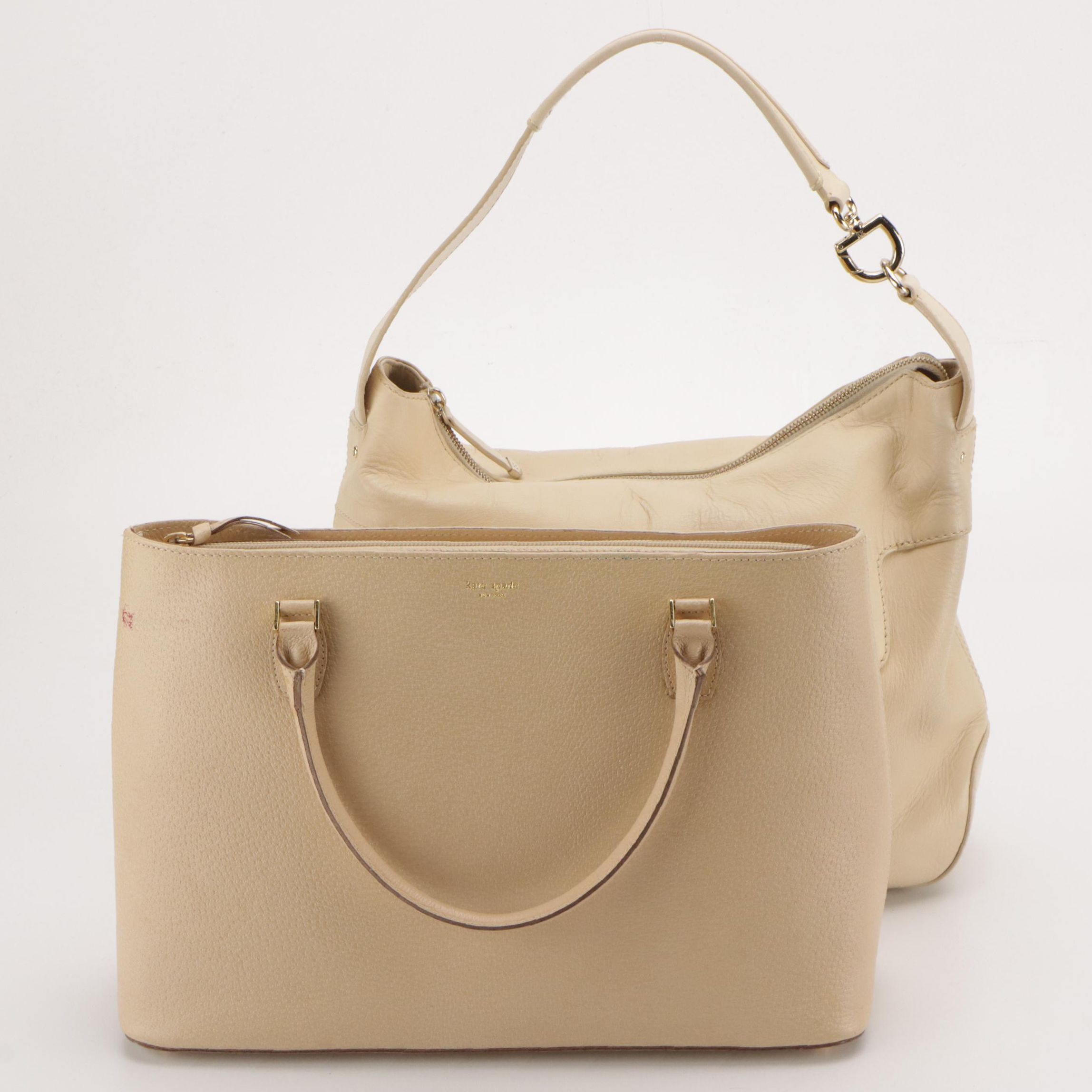 Kate Spade "Savona Paige" Slip Pocket Hobo Bag & Zippered Bag in Beige Leathers