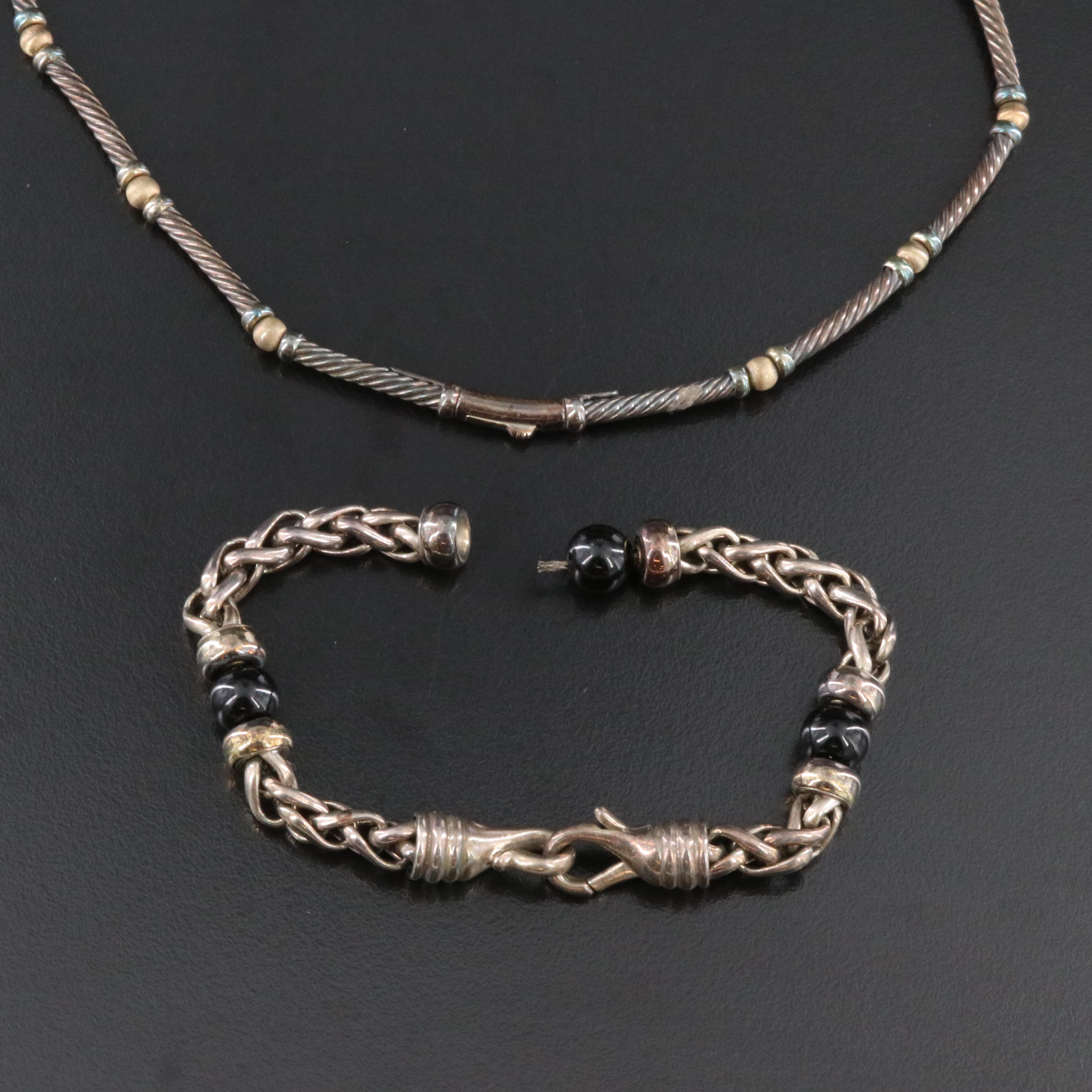 David Yurman Sterling and 14K Hampton Necklace and Wheat Chain Bracelet