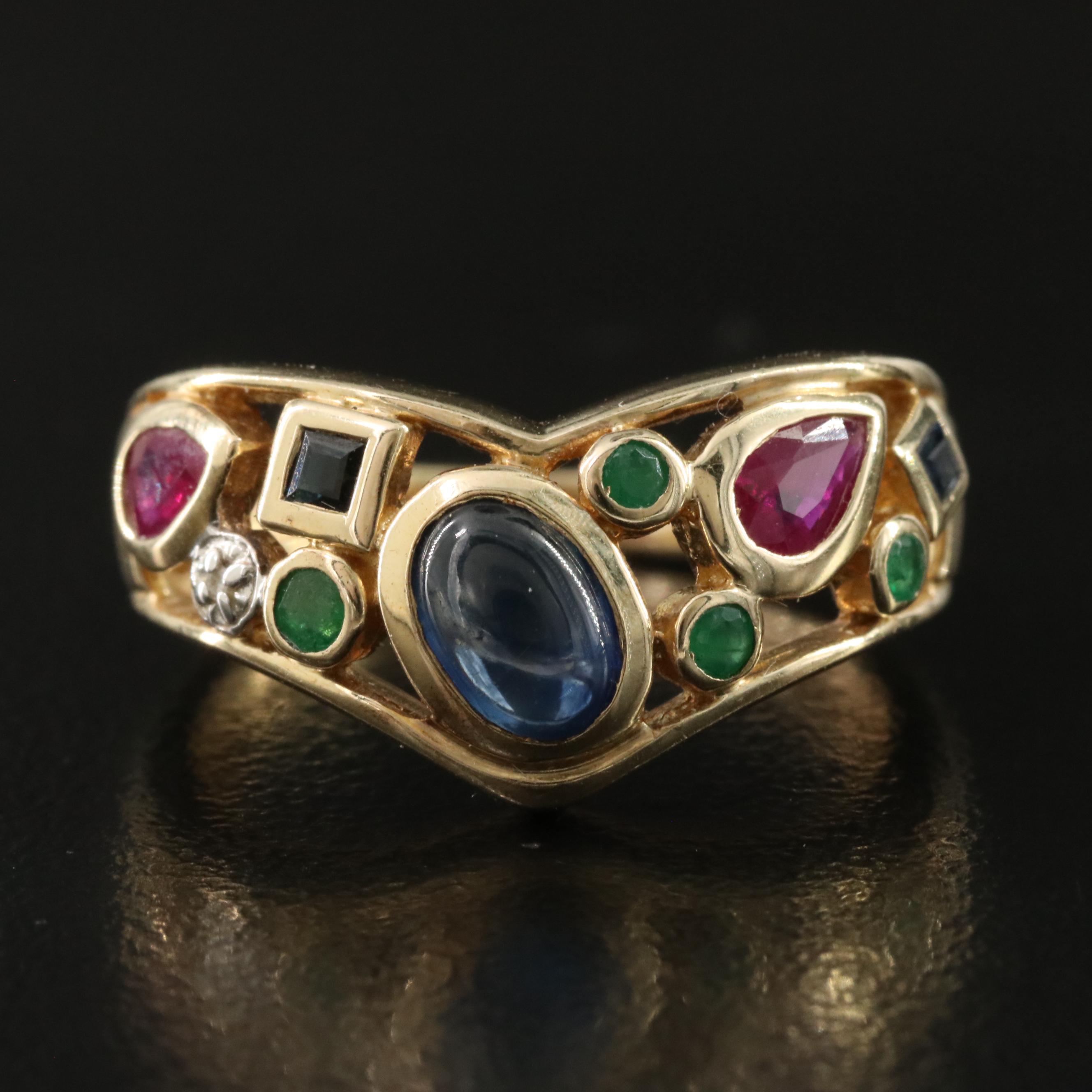 10K Ruby, Emerald and Sapphire Chevron Ring with Diamond Accent