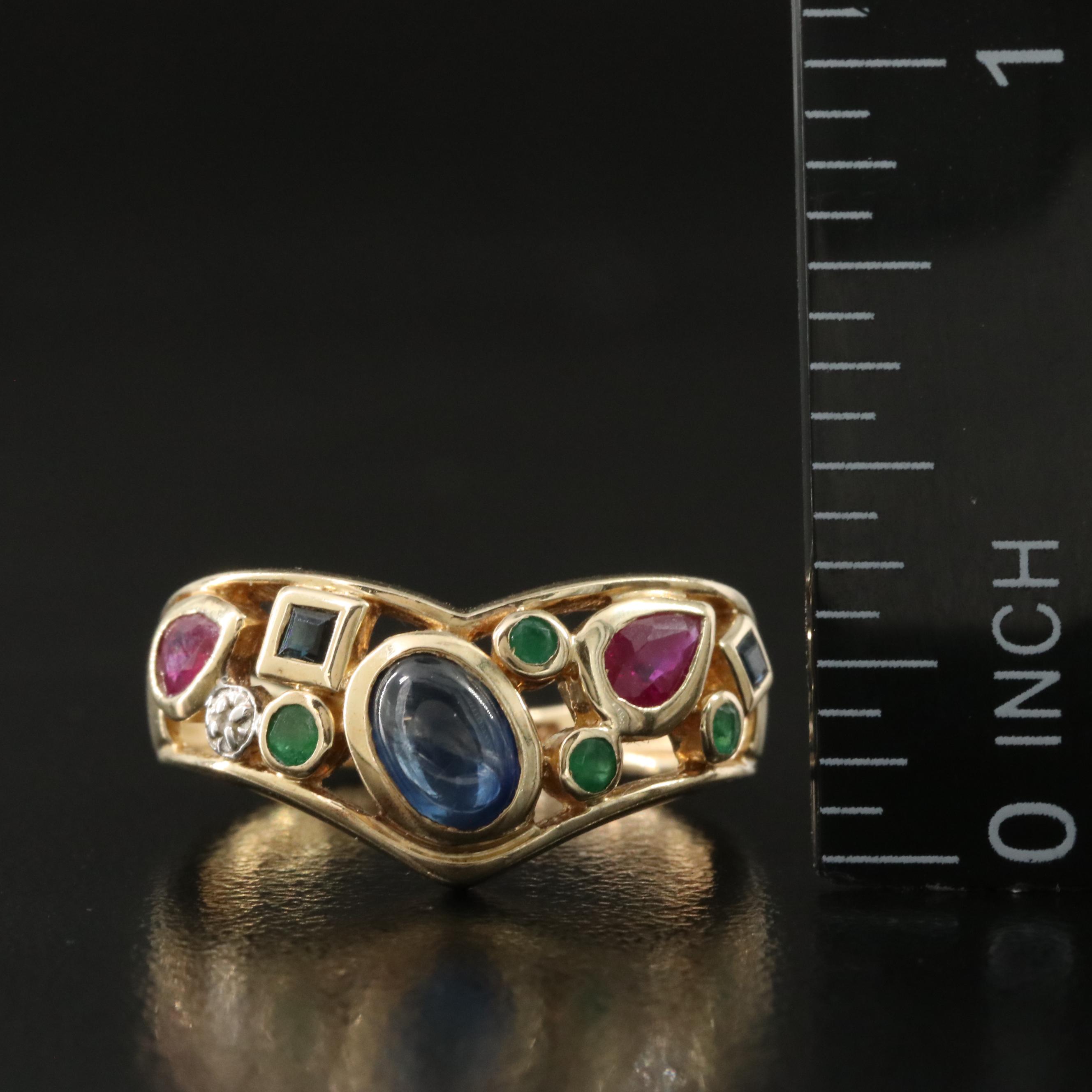 10K Ruby, Emerald and Sapphire Chevron Ring with Diamond Accent