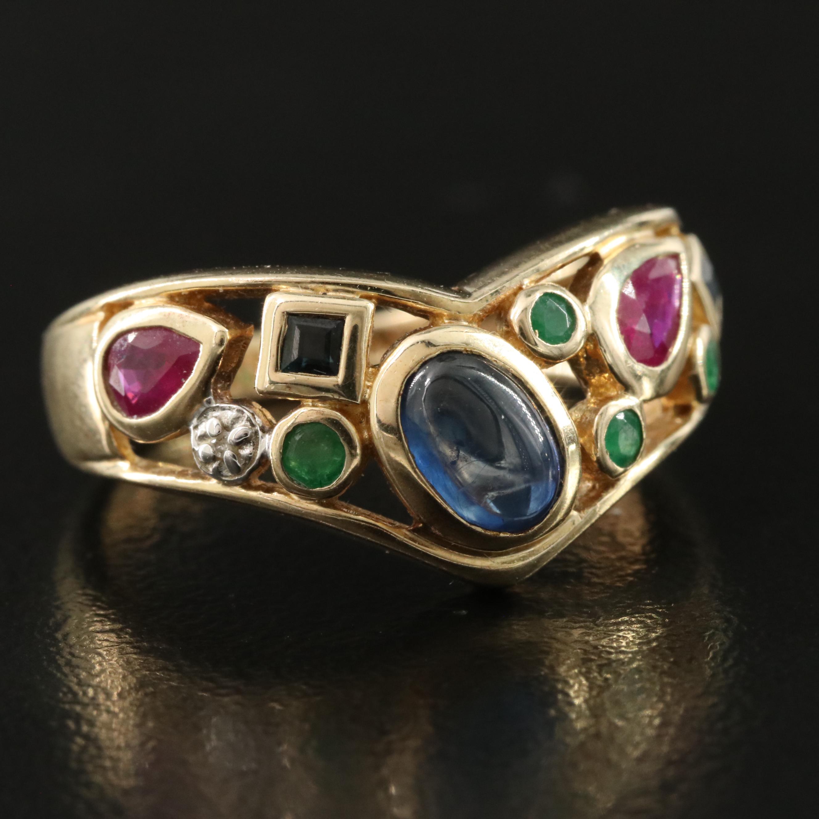 10K Ruby, Emerald and Sapphire Chevron Ring with Diamond Accent