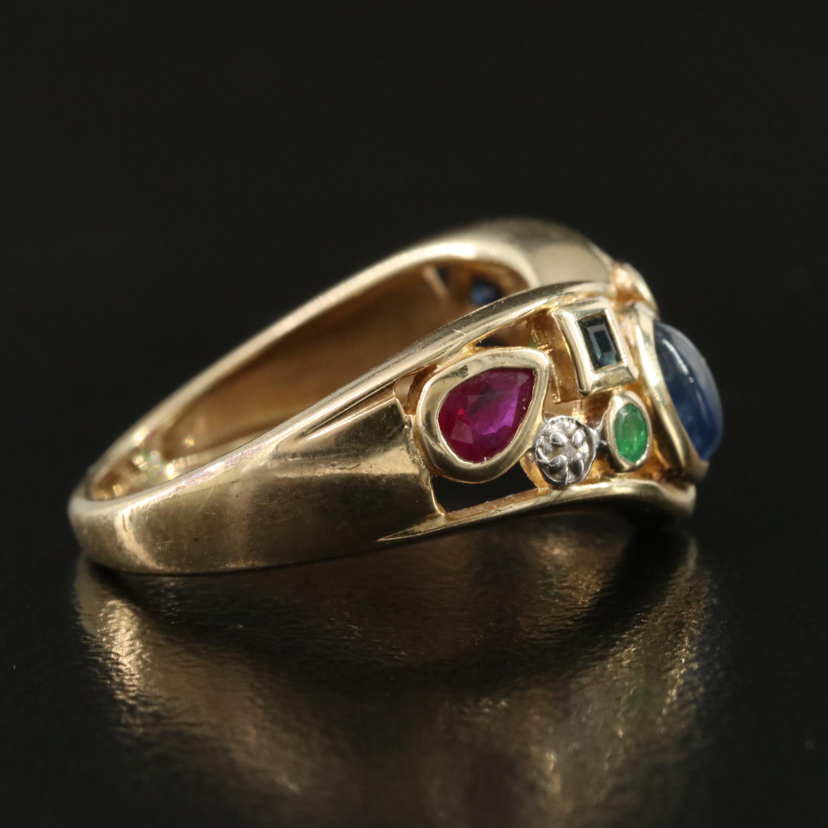 10K Ruby, Emerald and Sapphire Chevron Ring with Diamond Accent