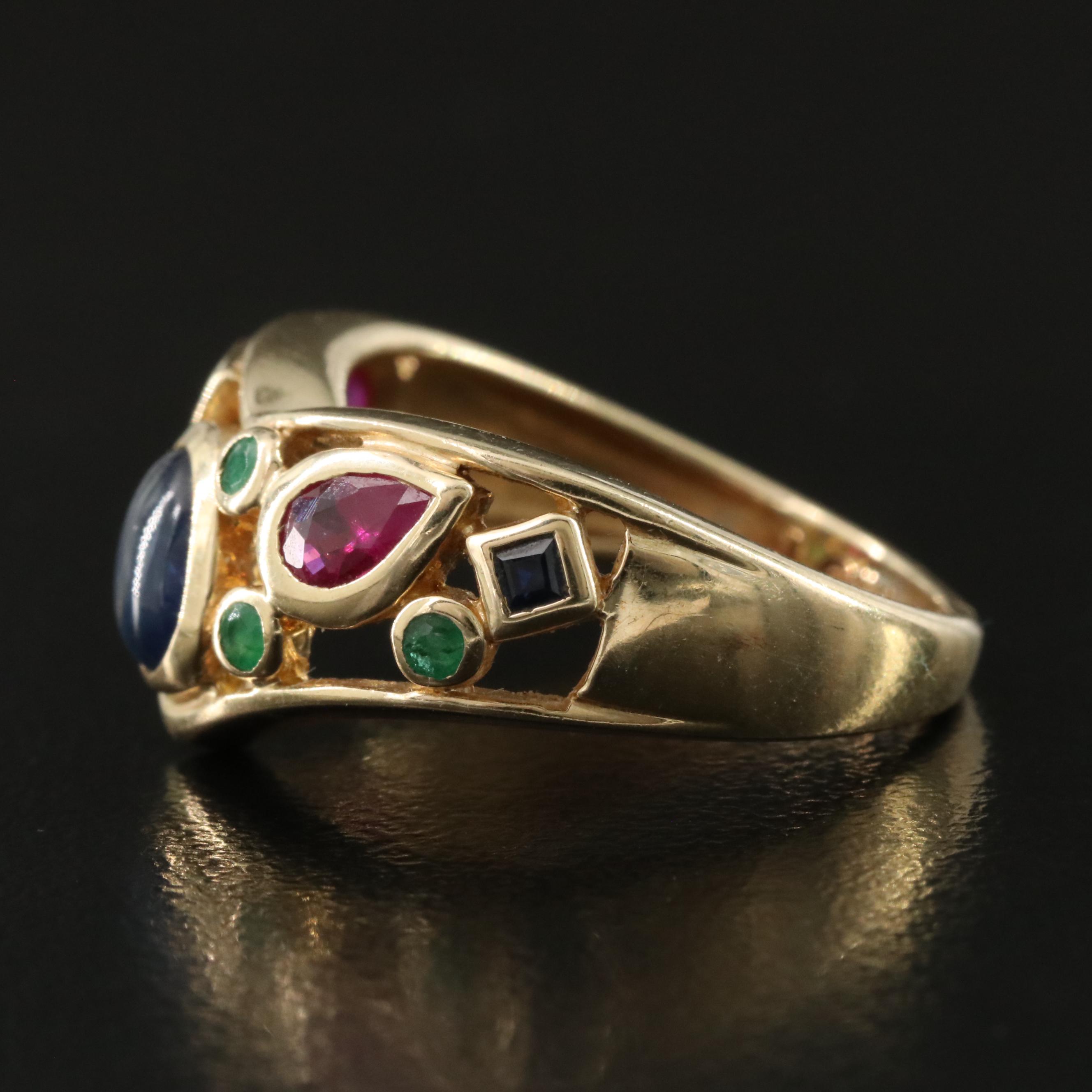 10K Ruby, Emerald and Sapphire Chevron Ring with Diamond Accent