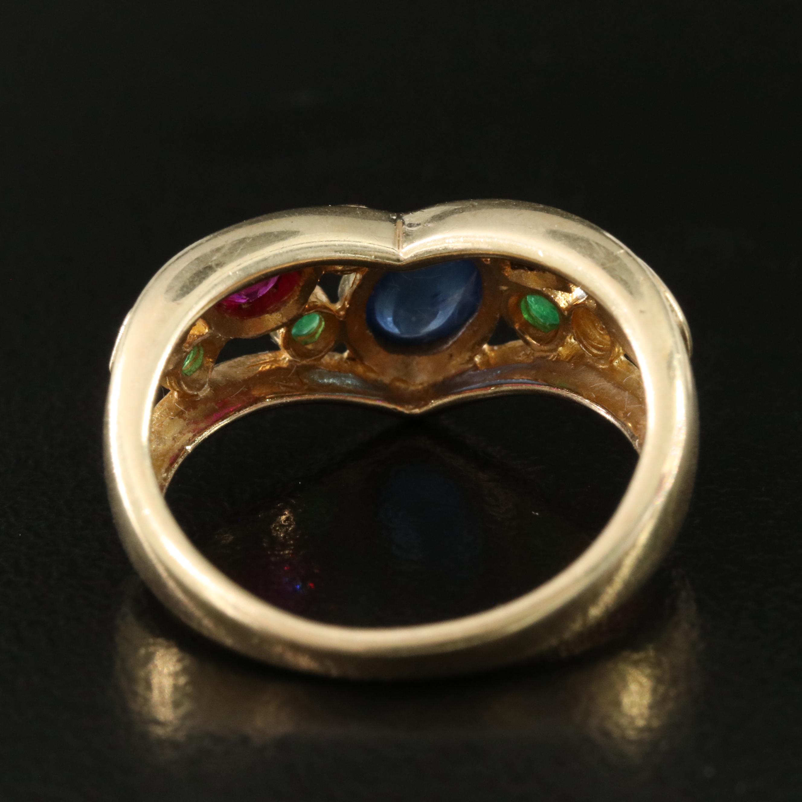 10K Ruby, Emerald and Sapphire Chevron Ring with Diamond Accent