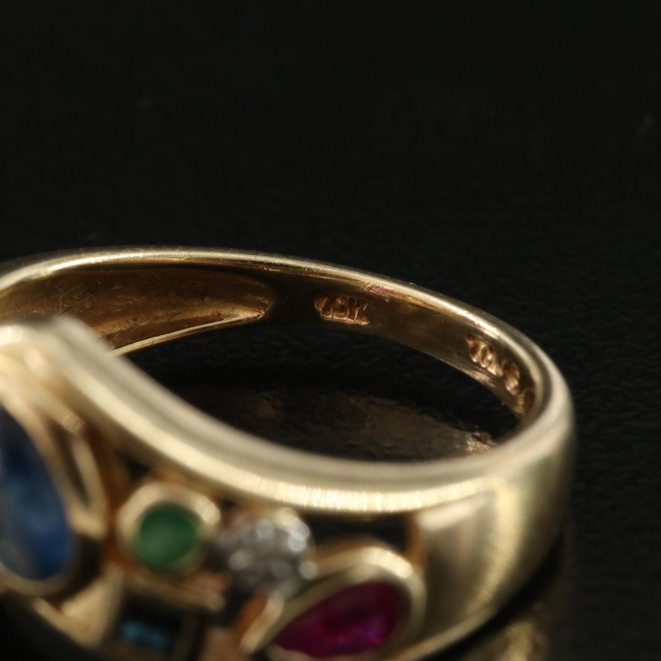 10K Ruby, Emerald and Sapphire Chevron Ring with Diamond Accent