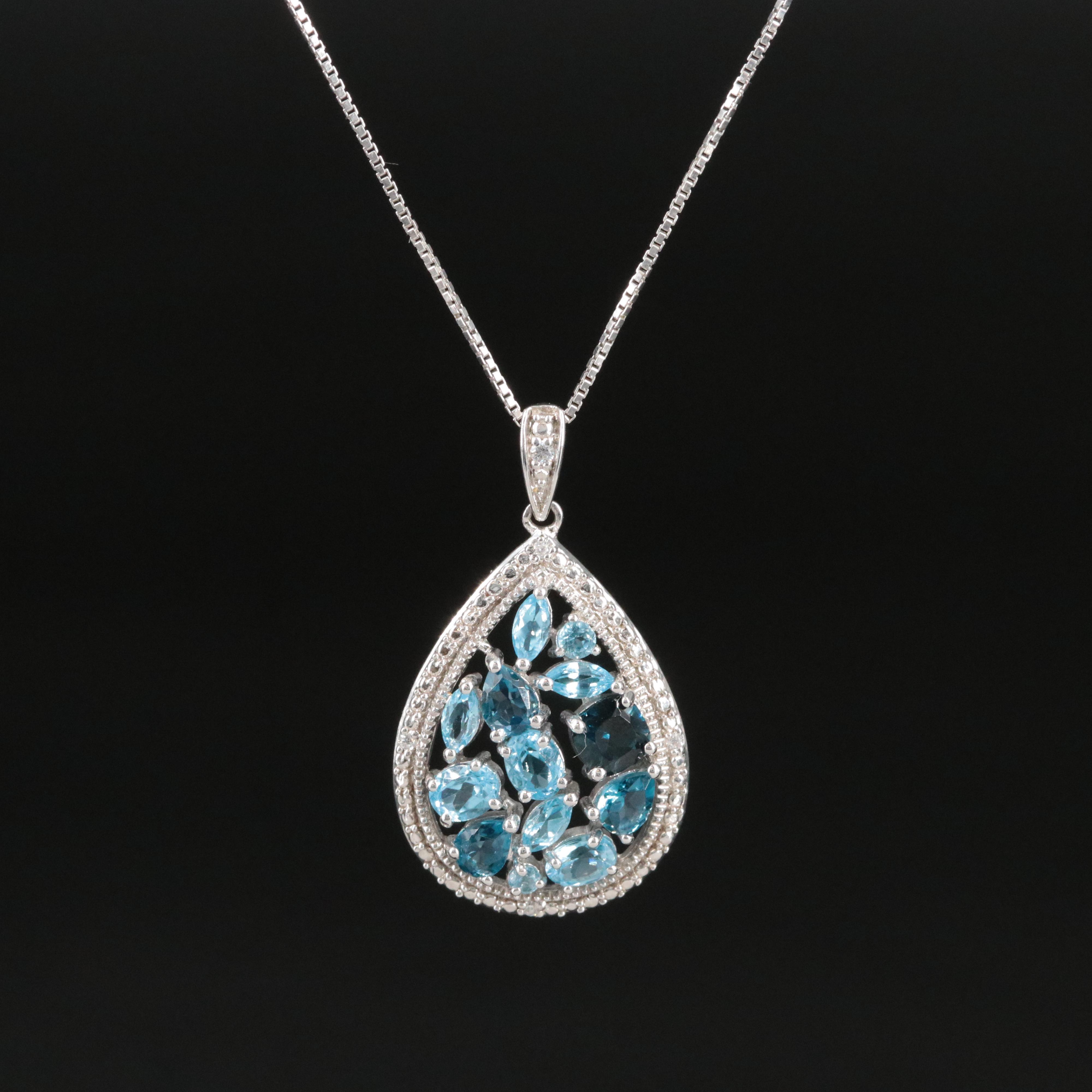 Sterling Blue Topaz and Cubic Zirconia Cluster Drop Pendant Necklace