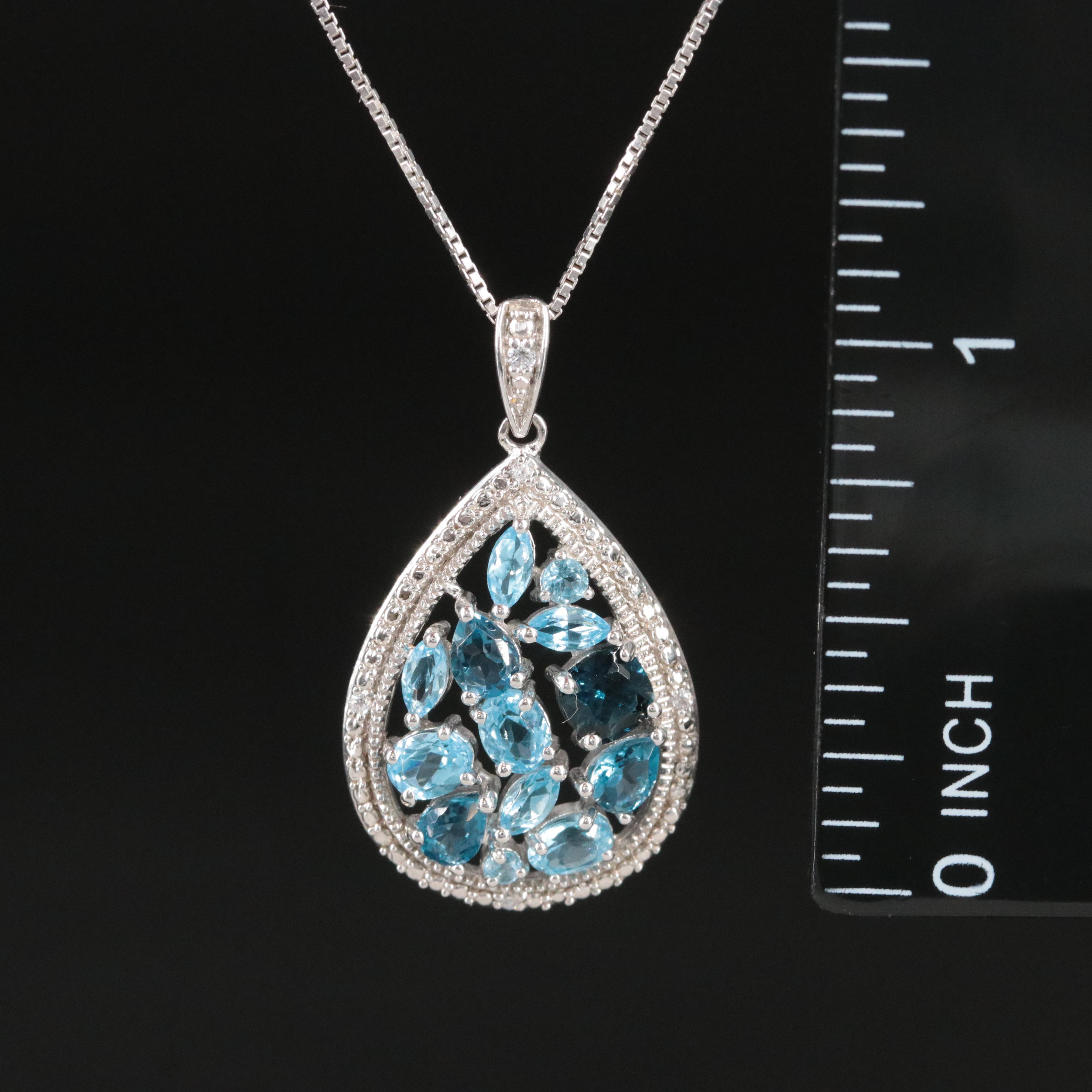 Sterling Blue Topaz and Cubic Zirconia Cluster Drop Pendant Necklace