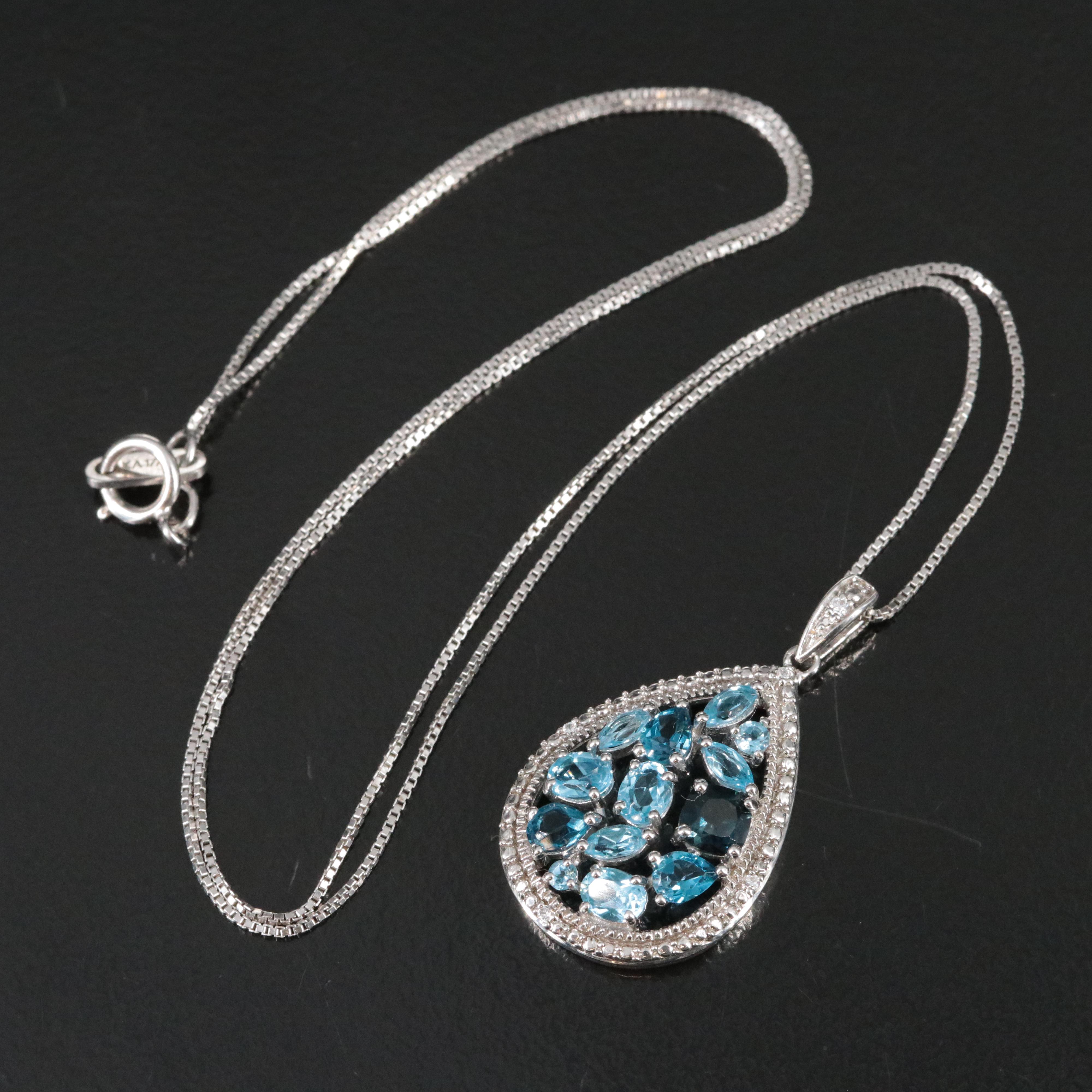 Sterling Blue Topaz and Cubic Zirconia Cluster Drop Pendant Necklace
