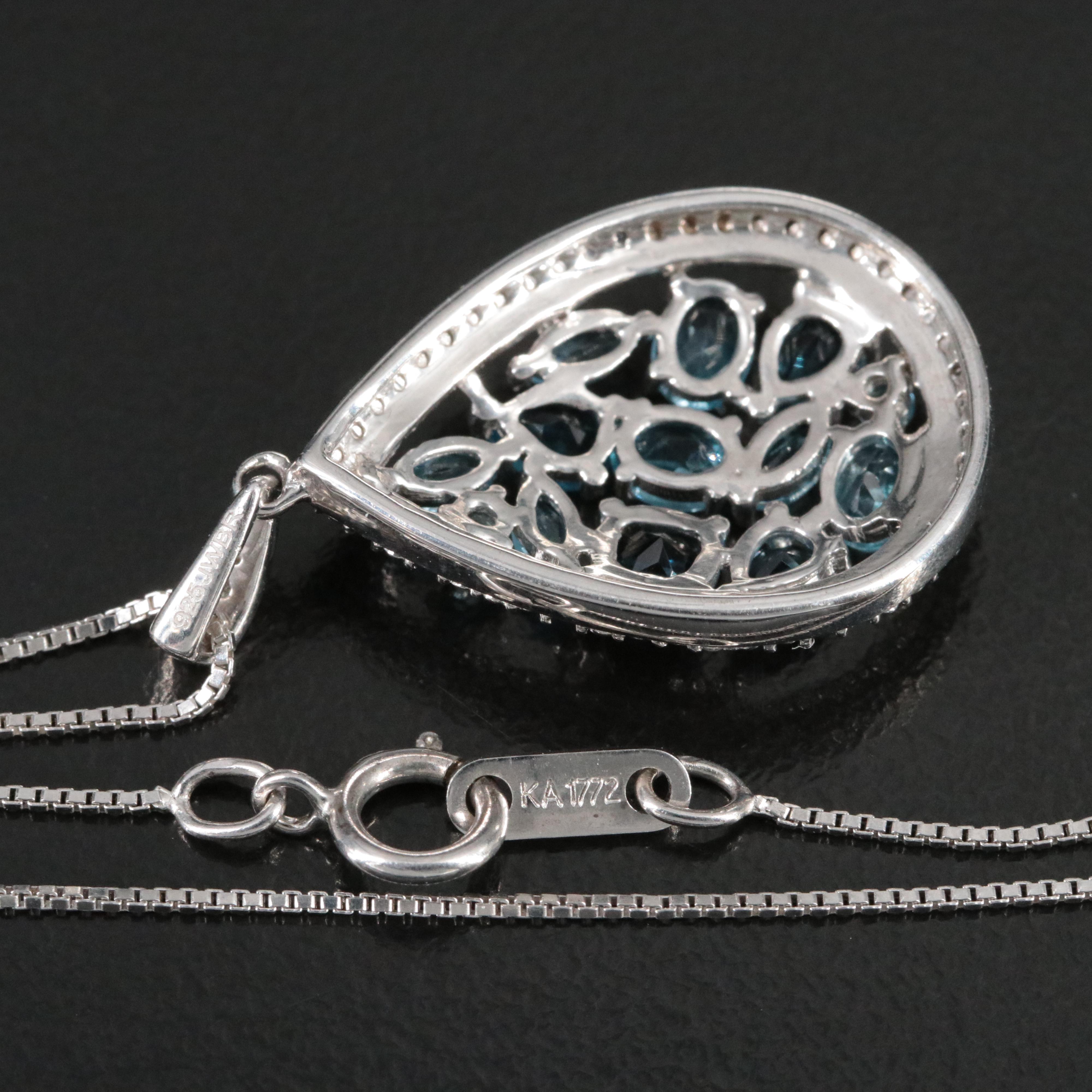 Sterling Blue Topaz and Cubic Zirconia Cluster Drop Pendant Necklace