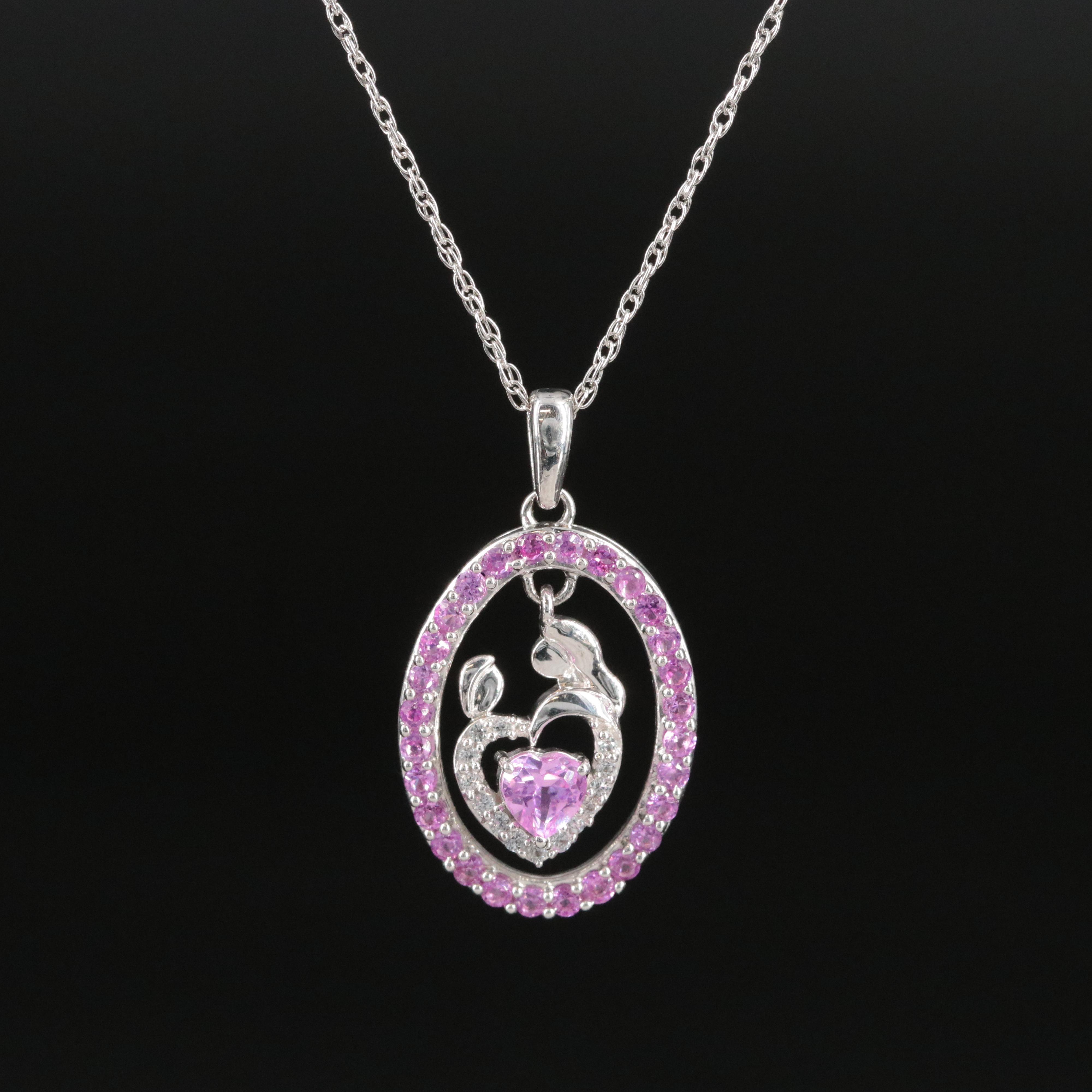 Sterling Pink and White Sapphire Articulate Mother & Child Pendant Necklace