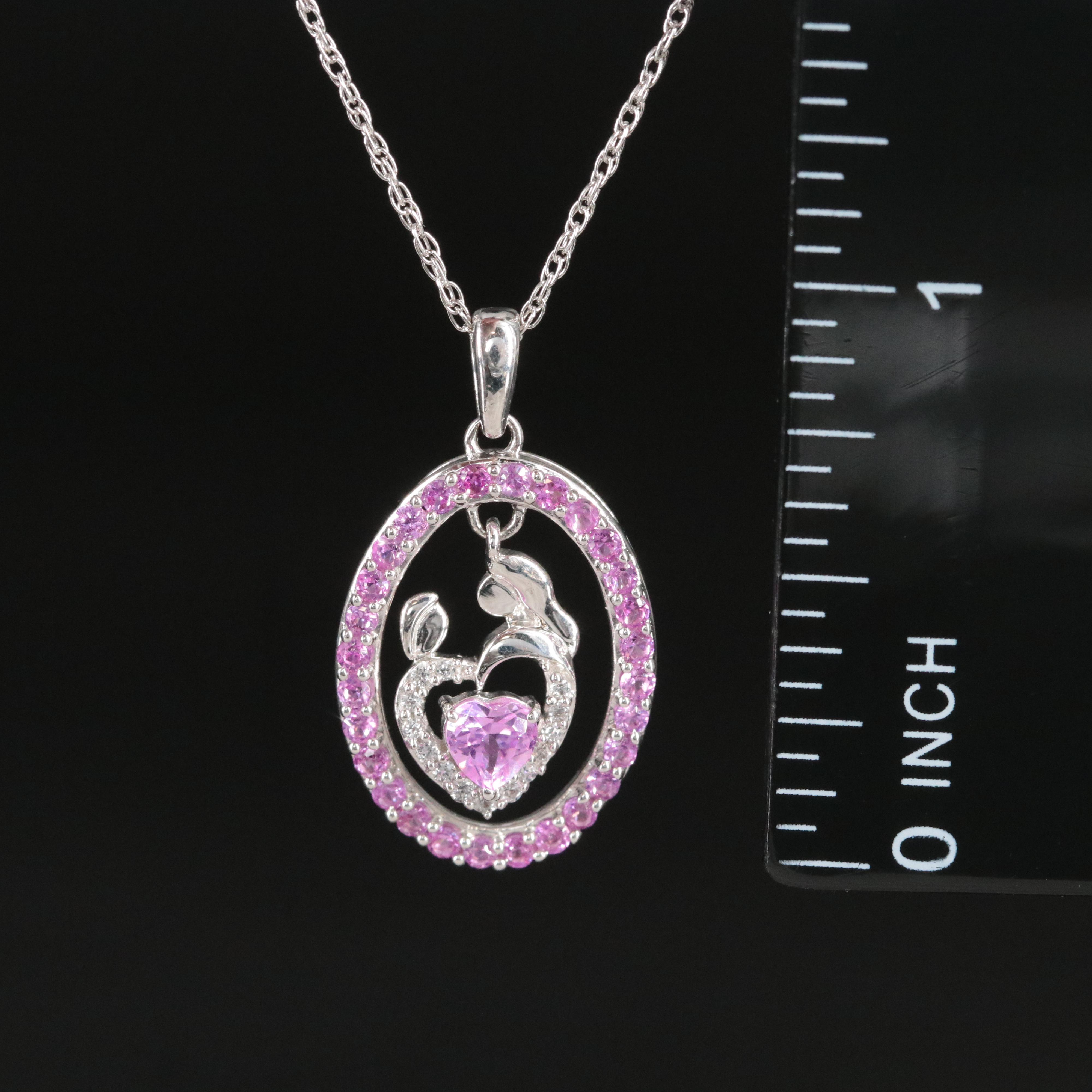 Sterling Pink and White Sapphire Articulate Mother & Child Pendant Necklace