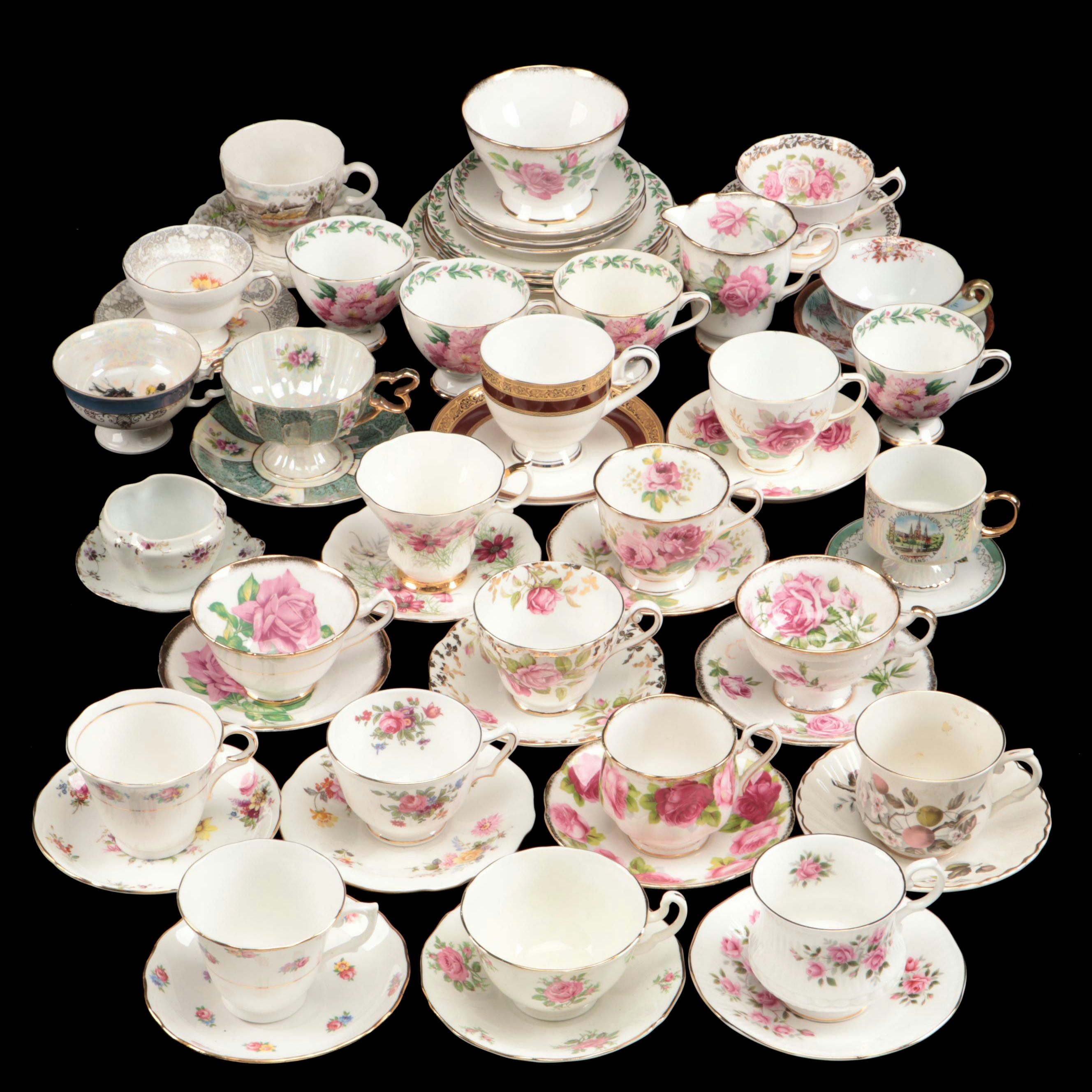Vintage Floral Pattern Teacups with Saucers and Other Table Accessories