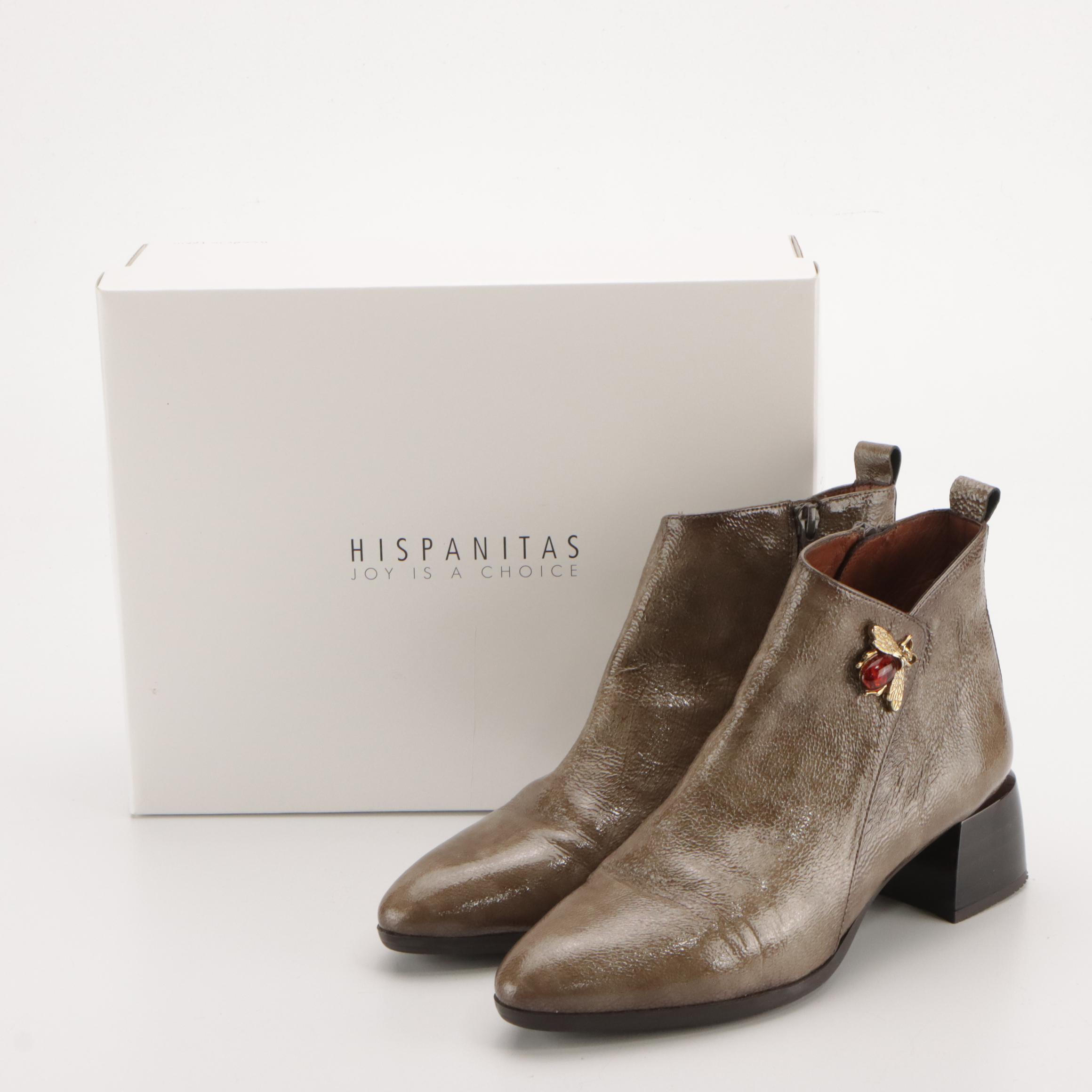 Hispanitas Block Heel Bee Booties in Crinkled Patent Leather, With Box