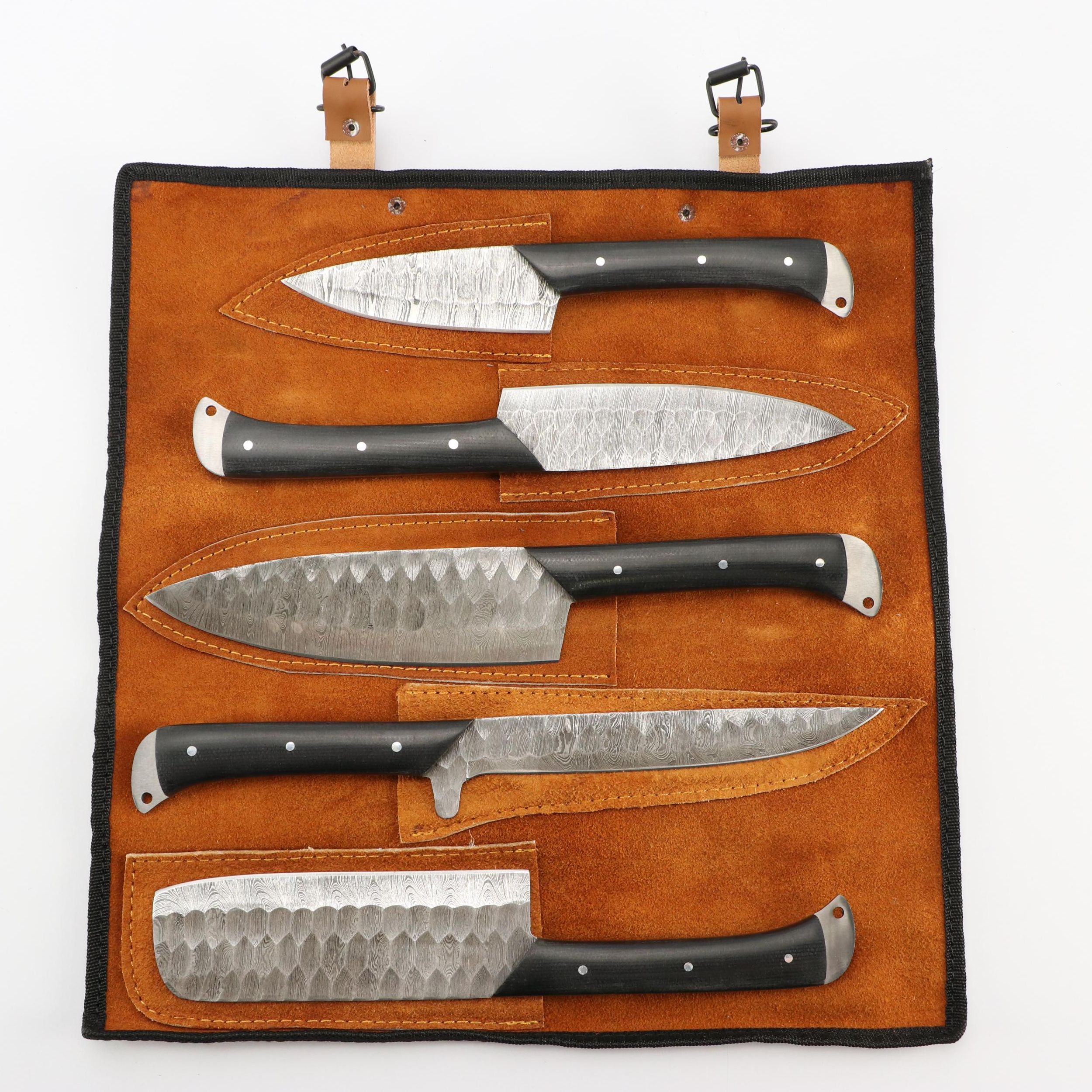 Damascus Steel and Composite Handled Chef's Knife Set in Suede Leather Scabbard