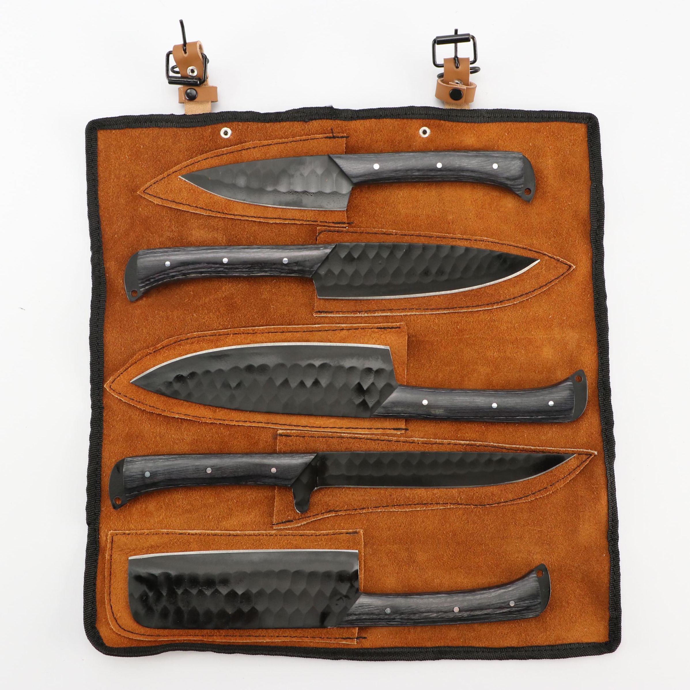 Black Metal and Wooden Handled Chef's Knife Set in Suede Leather Scabbard