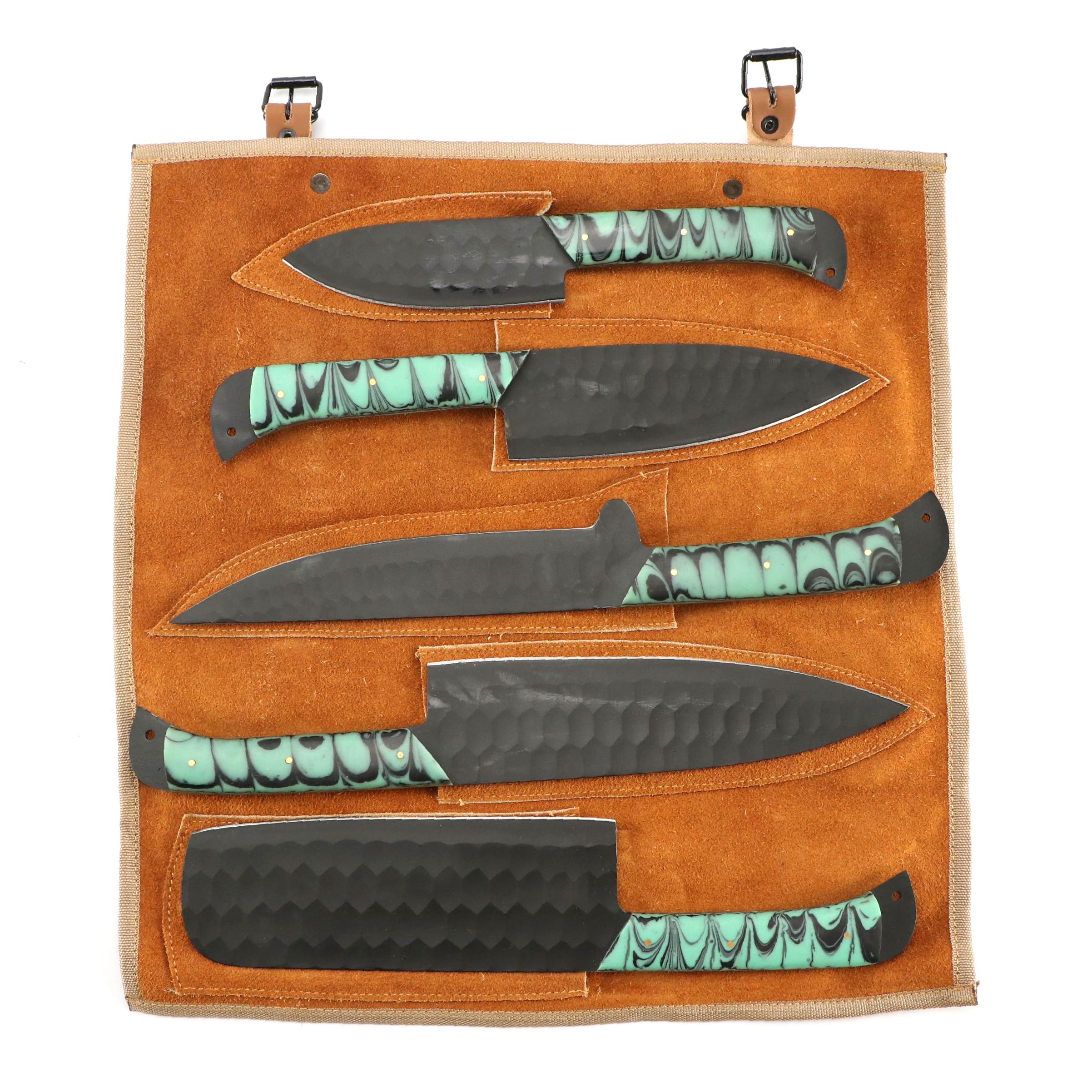 Black Metal and Marbled Handled Chef's Knife Set in Suede Leather Scabbard