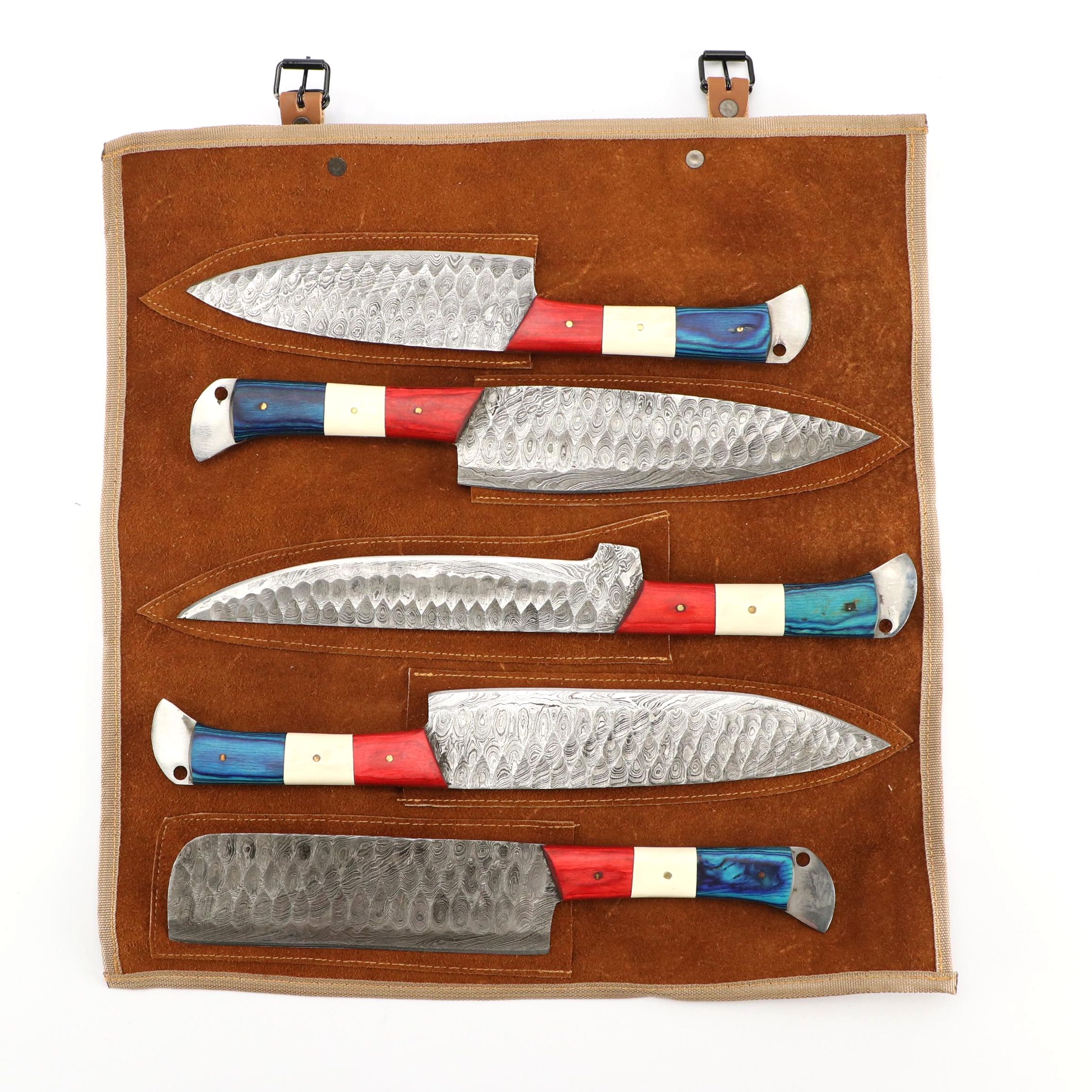 Damascus Steel and Wooden Handled Chef's Knife Set in Suede Leather Scabbard
