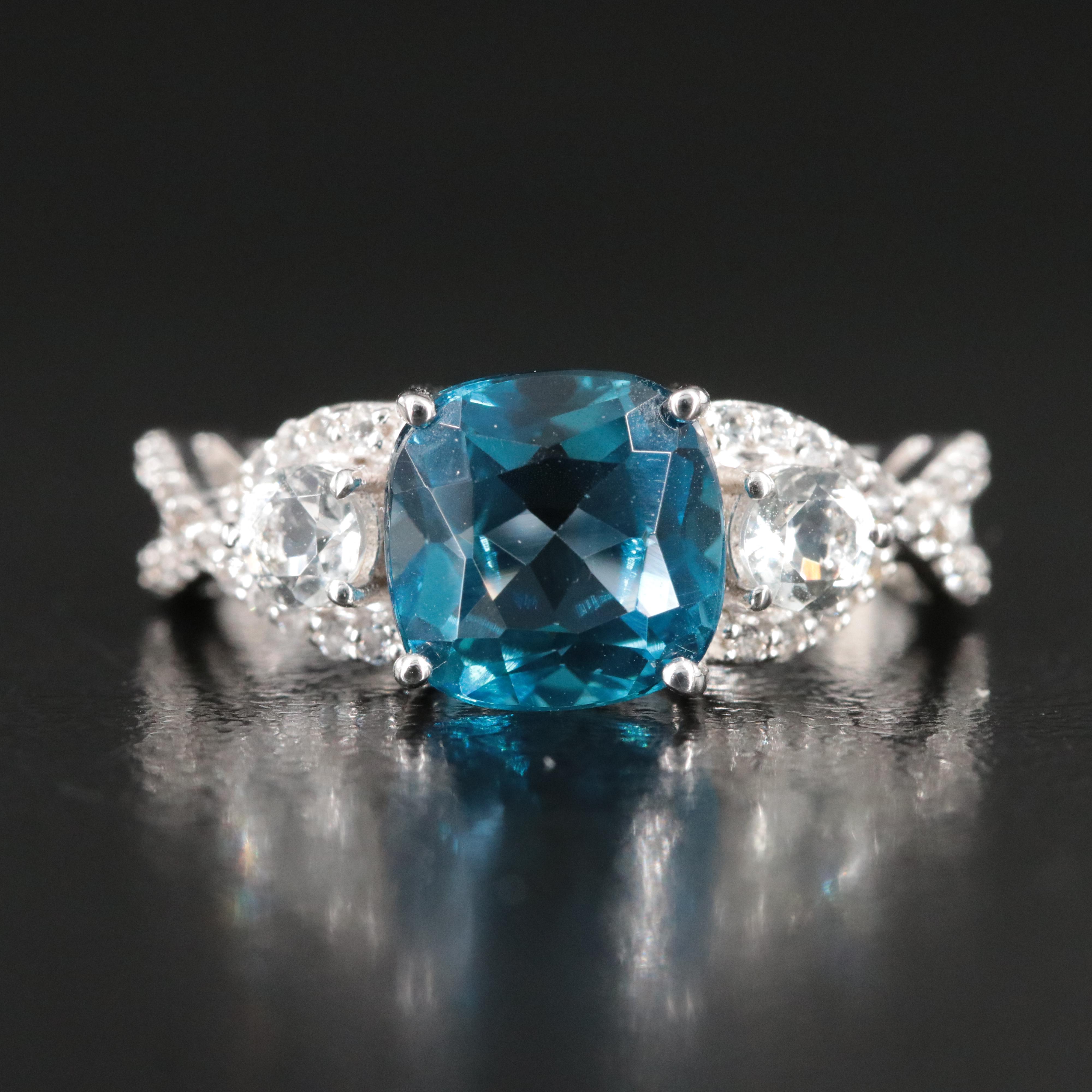 Sterling Swiss Blue Topaz and White Sapphire Crossover Ring