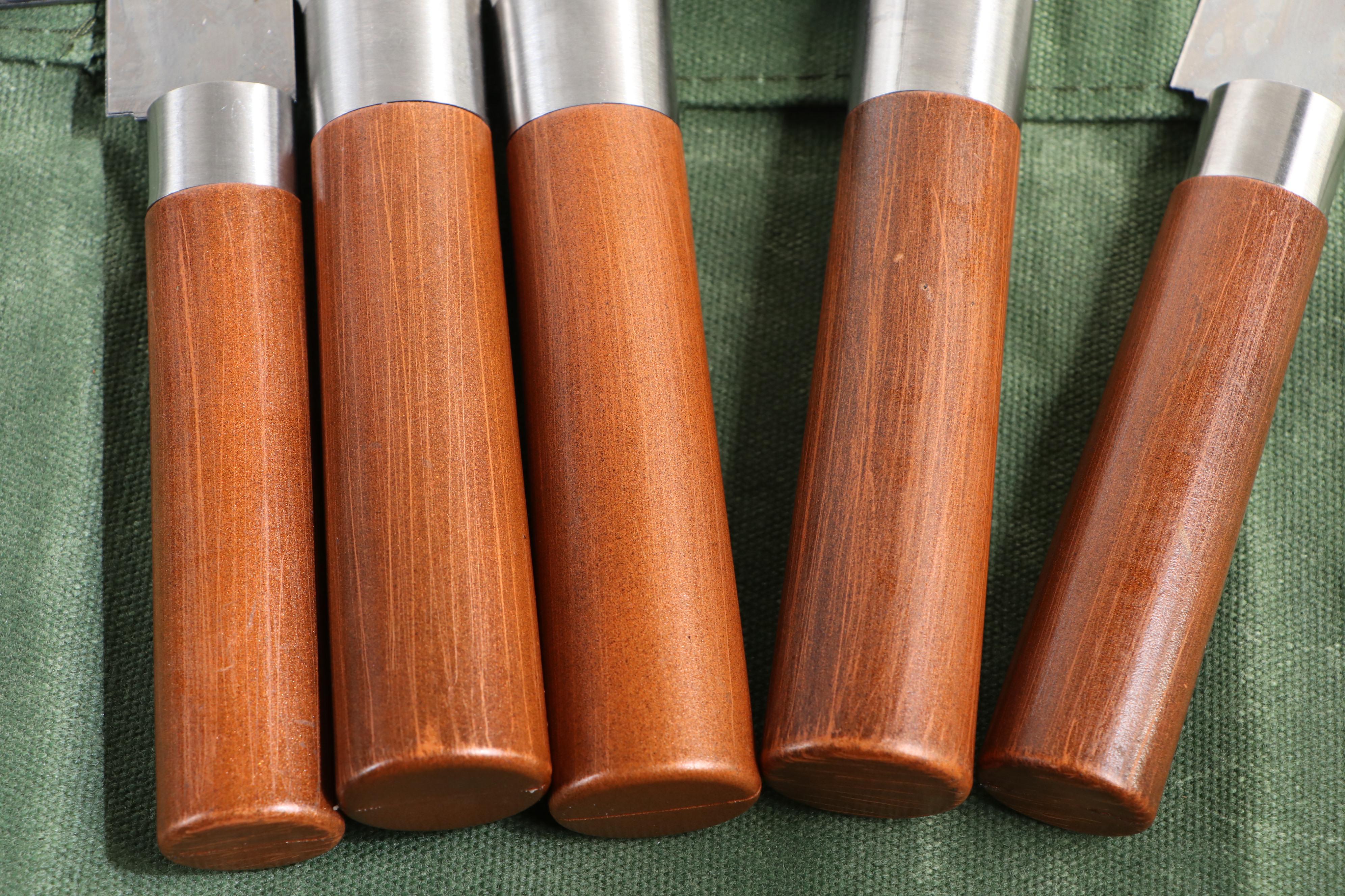 Japanese Style Etched Stainless Steel Chef's Knife Set in Knife Roll