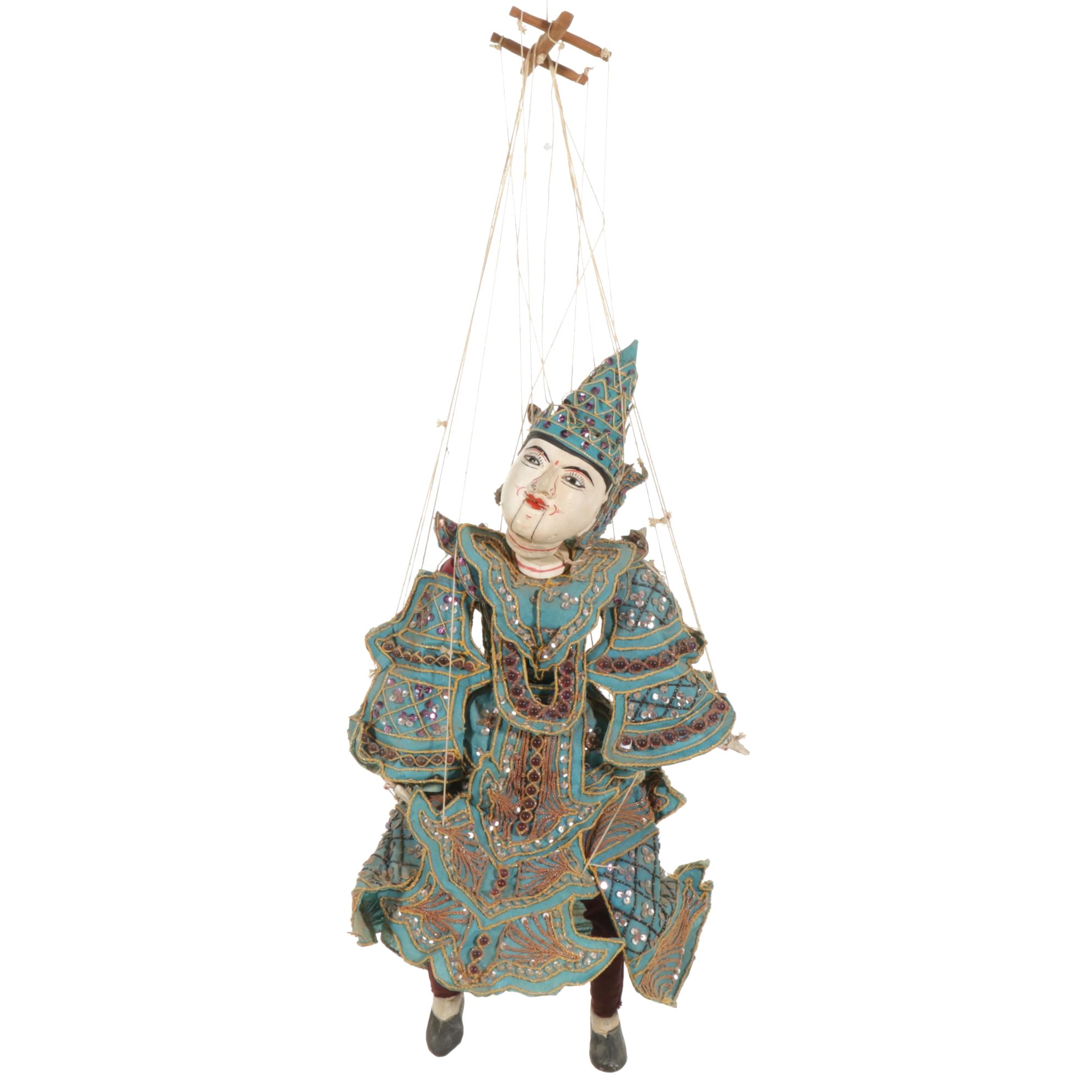 Burmese Carved Wood and Silk Articulated Marionette, Mid to Late 20th Century