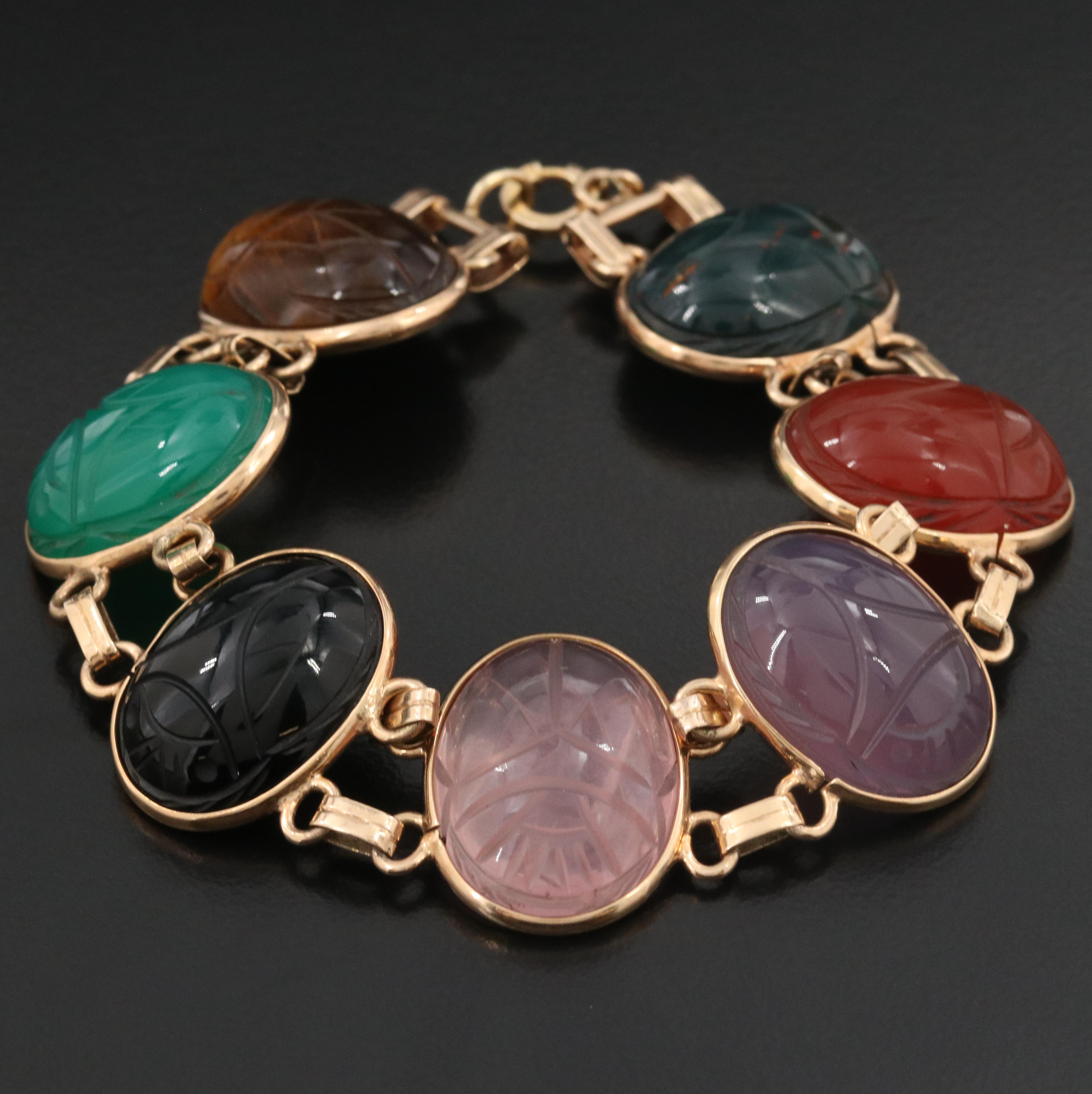 Scarab Bracelet Featuring Bloodstone, Rose Quartz and Tiger's Eye
