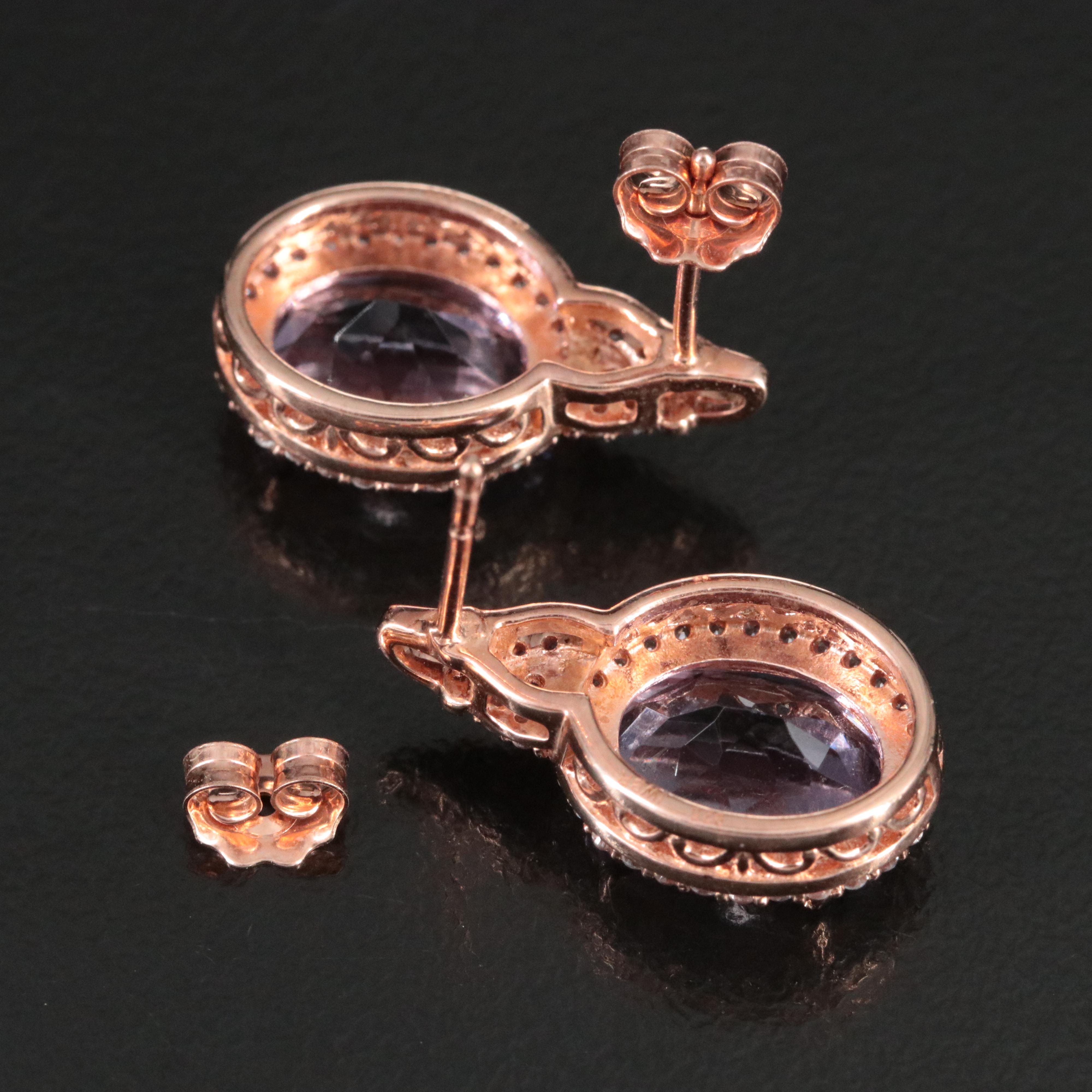 Rose Tone Amethyst and White Sapphire Drop Earrings