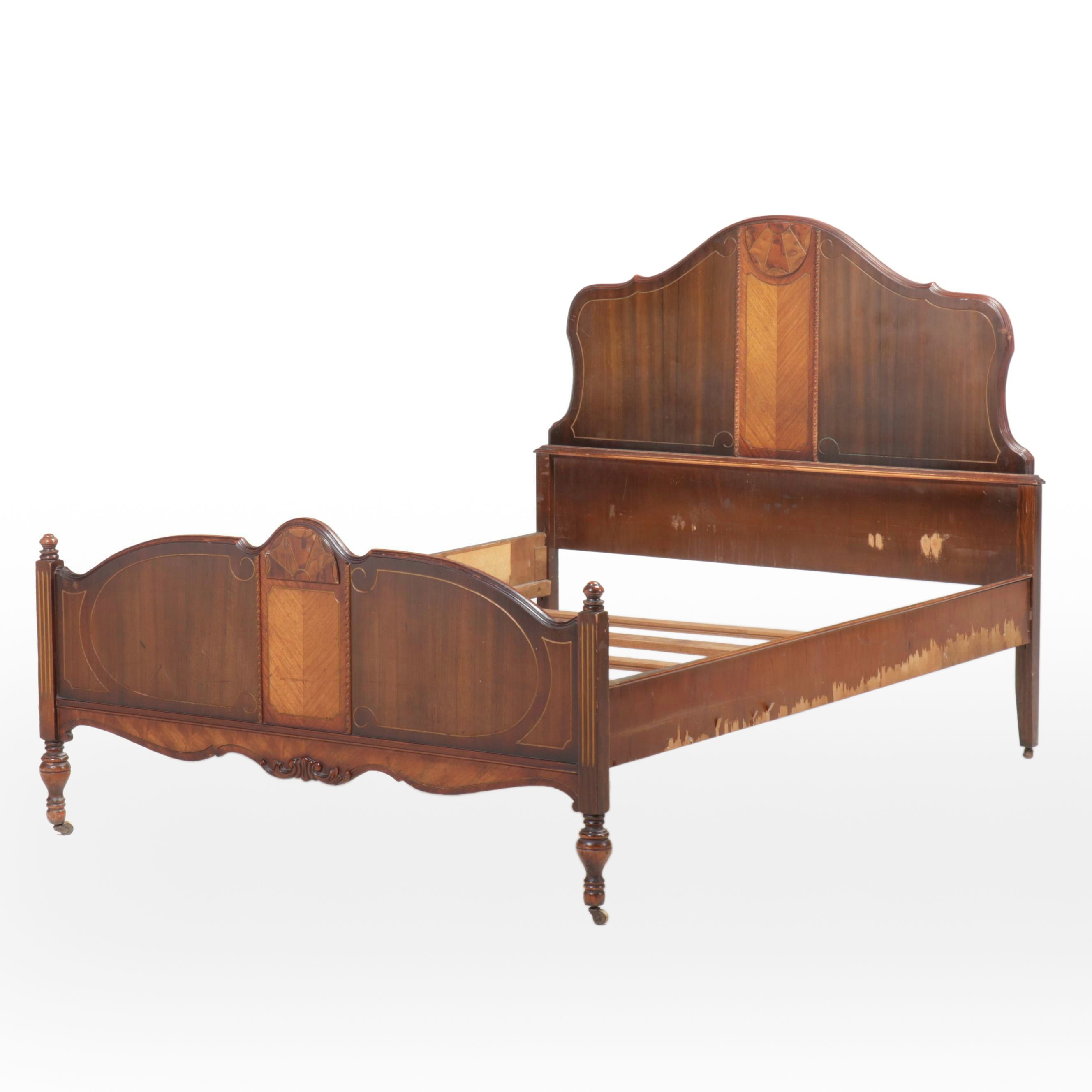 E. Kleeman Co. Jacobean Revival Style Mahogany and Waterfall Veneer Bed