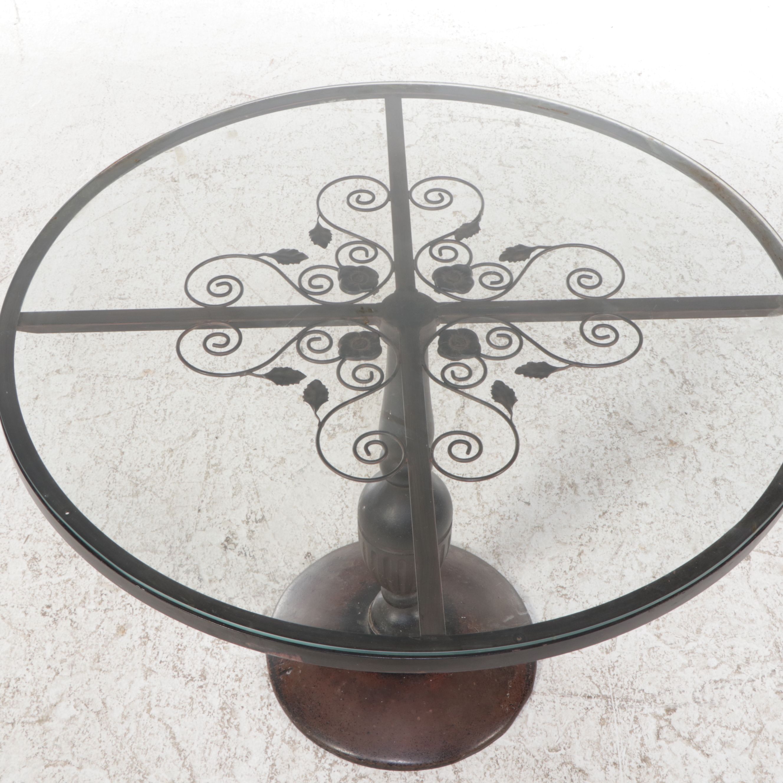 Modern Victorian Style Scrolled Metal Glass Top Pedestal Table