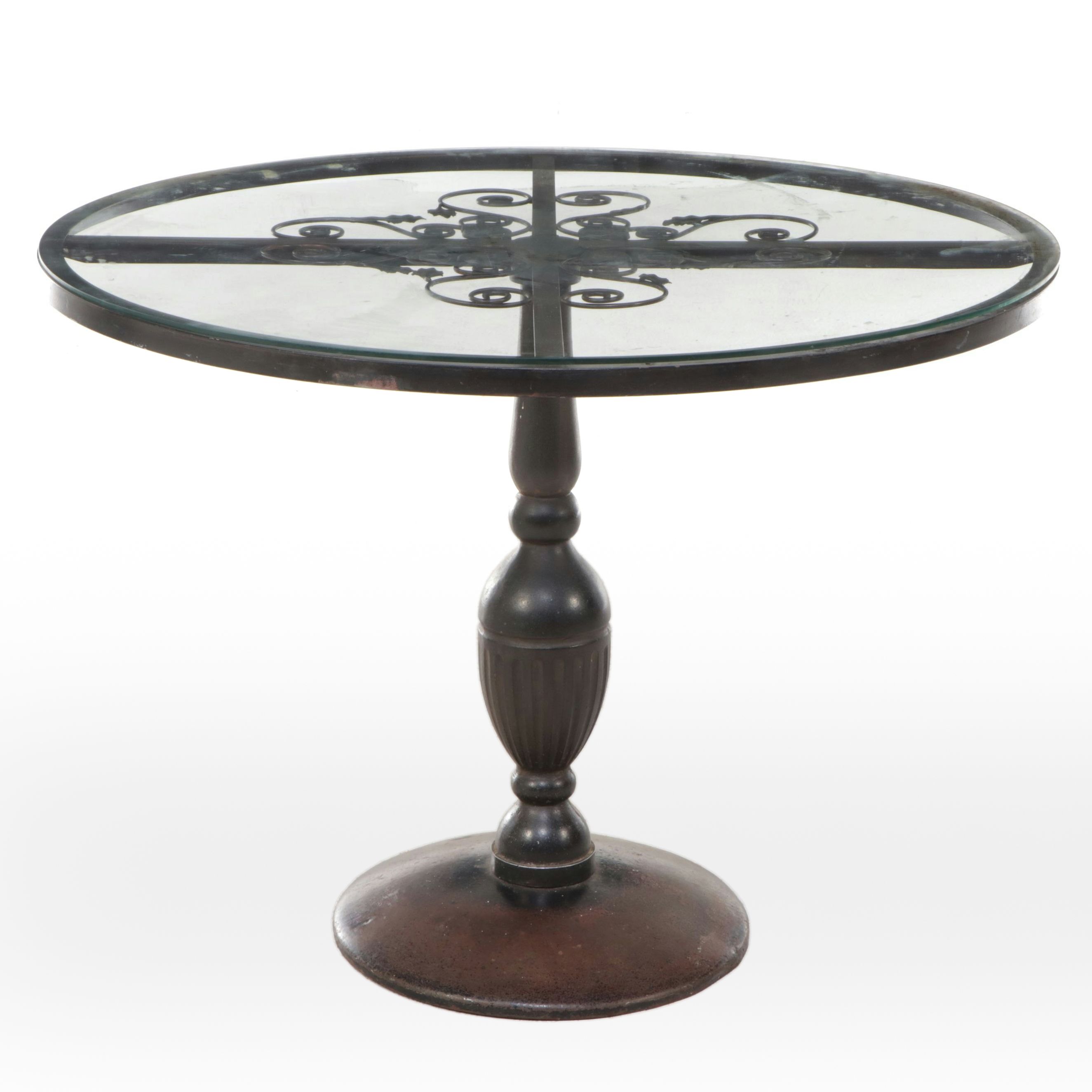 Modern Victorian Style Scrolled Metal Glass Top Pedestal Table