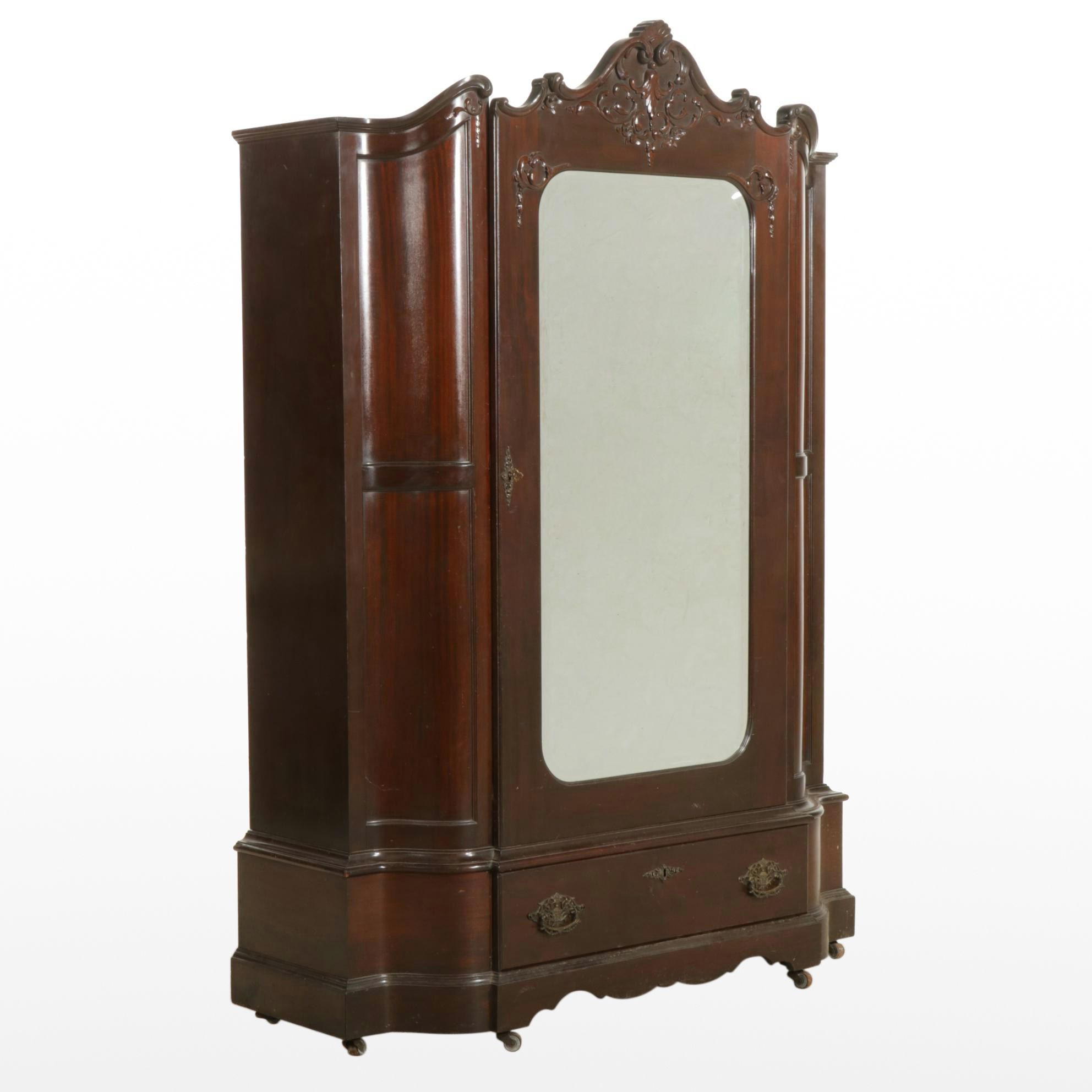 Carved Louis XV Style Mahogany Armoire with Mirrored Door, Early 20th Century